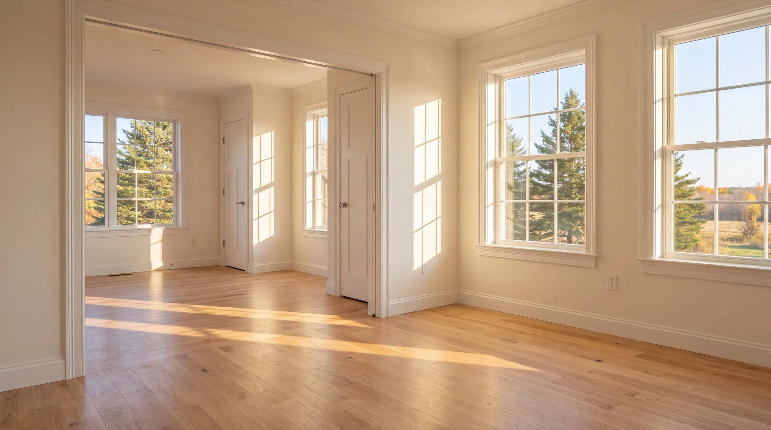 Residential general contractor Gardiner Maine: finished empty room with tall double-hung windows and a wood floor