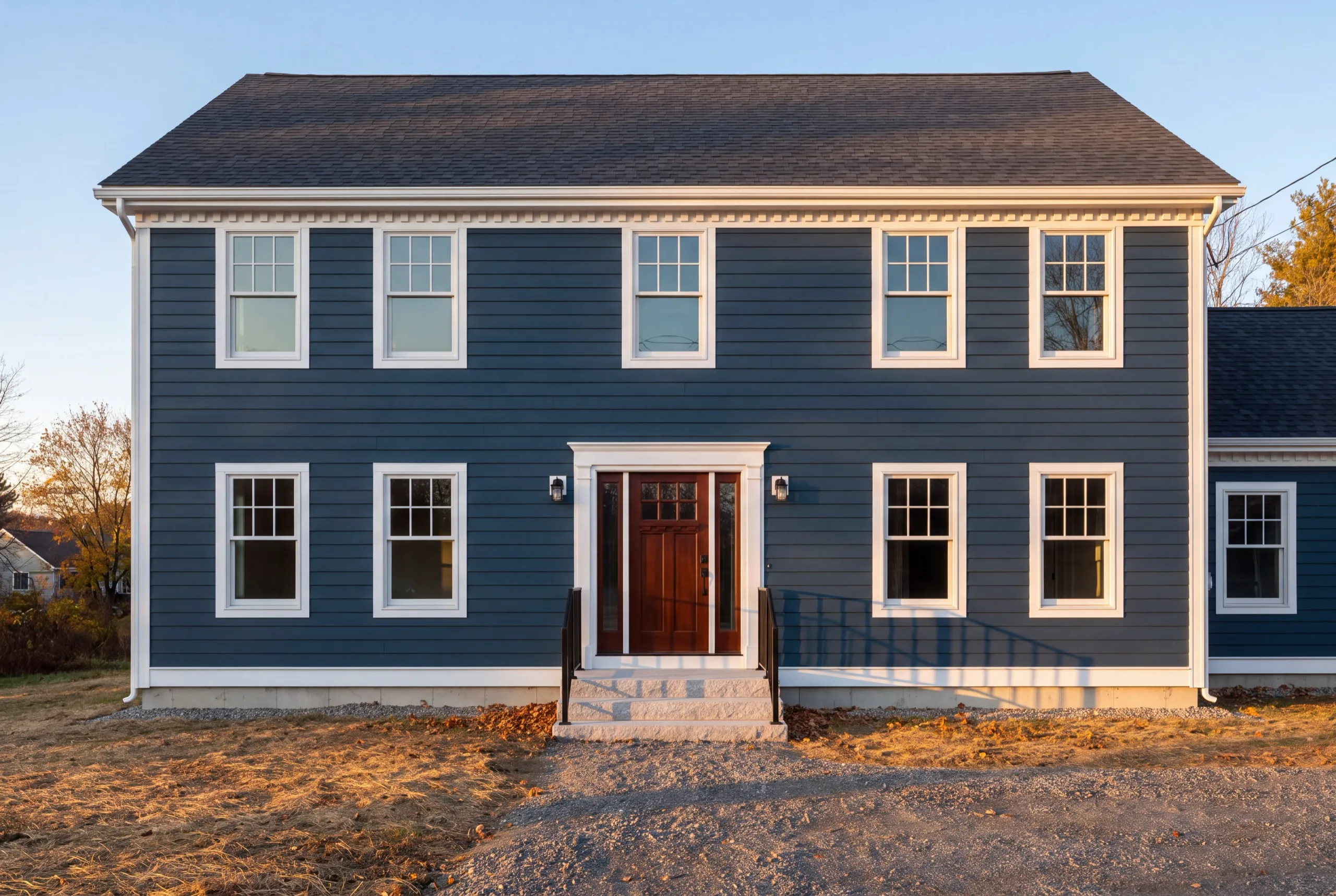 Residential general contractor Gardiner Maine: finished blue two-story colonial with white trim and a dark wood front door