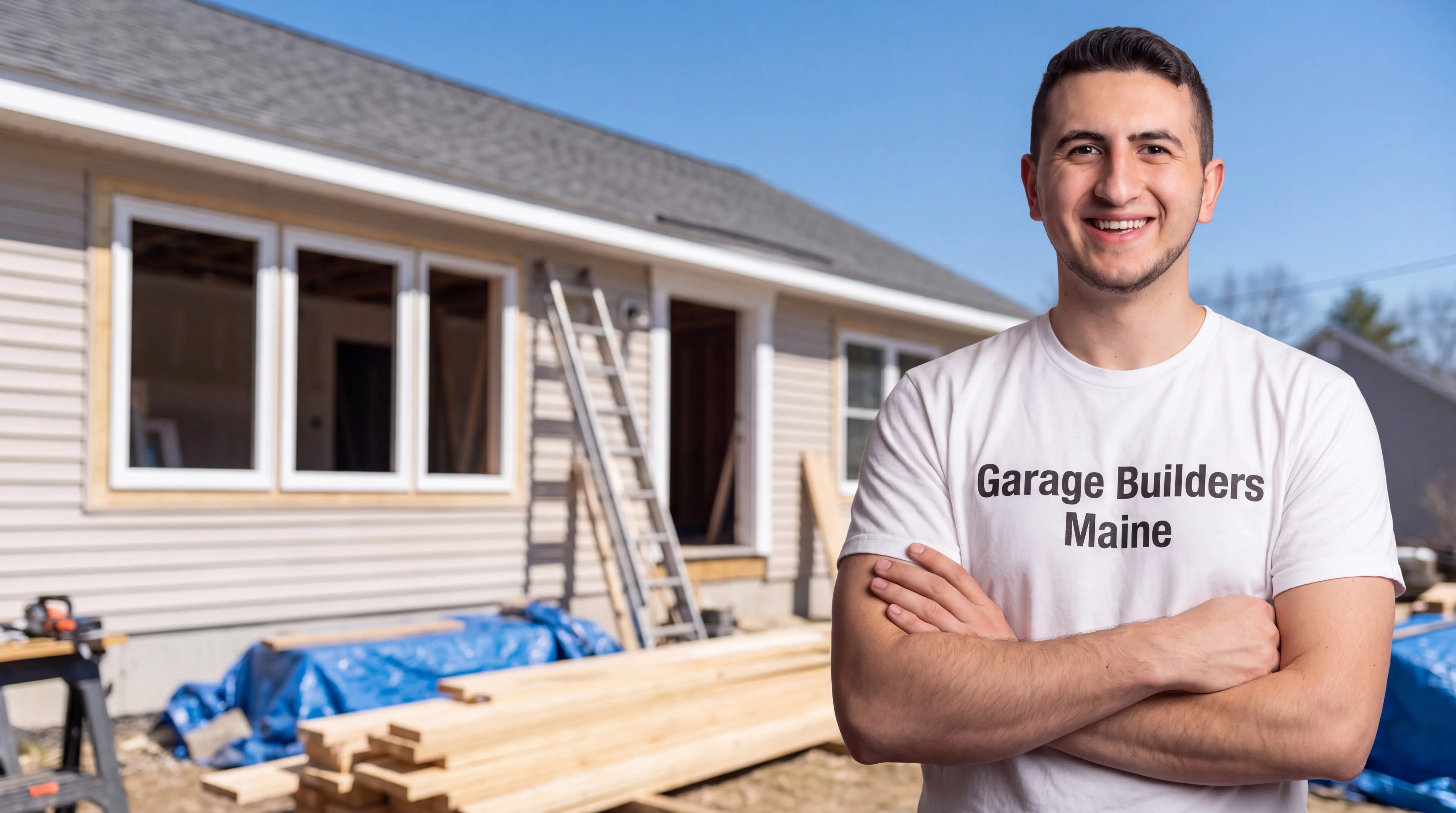 General contractor Hallowell Maine: owner with arms crossed at a ranch house with new windows, ladder and lumber
