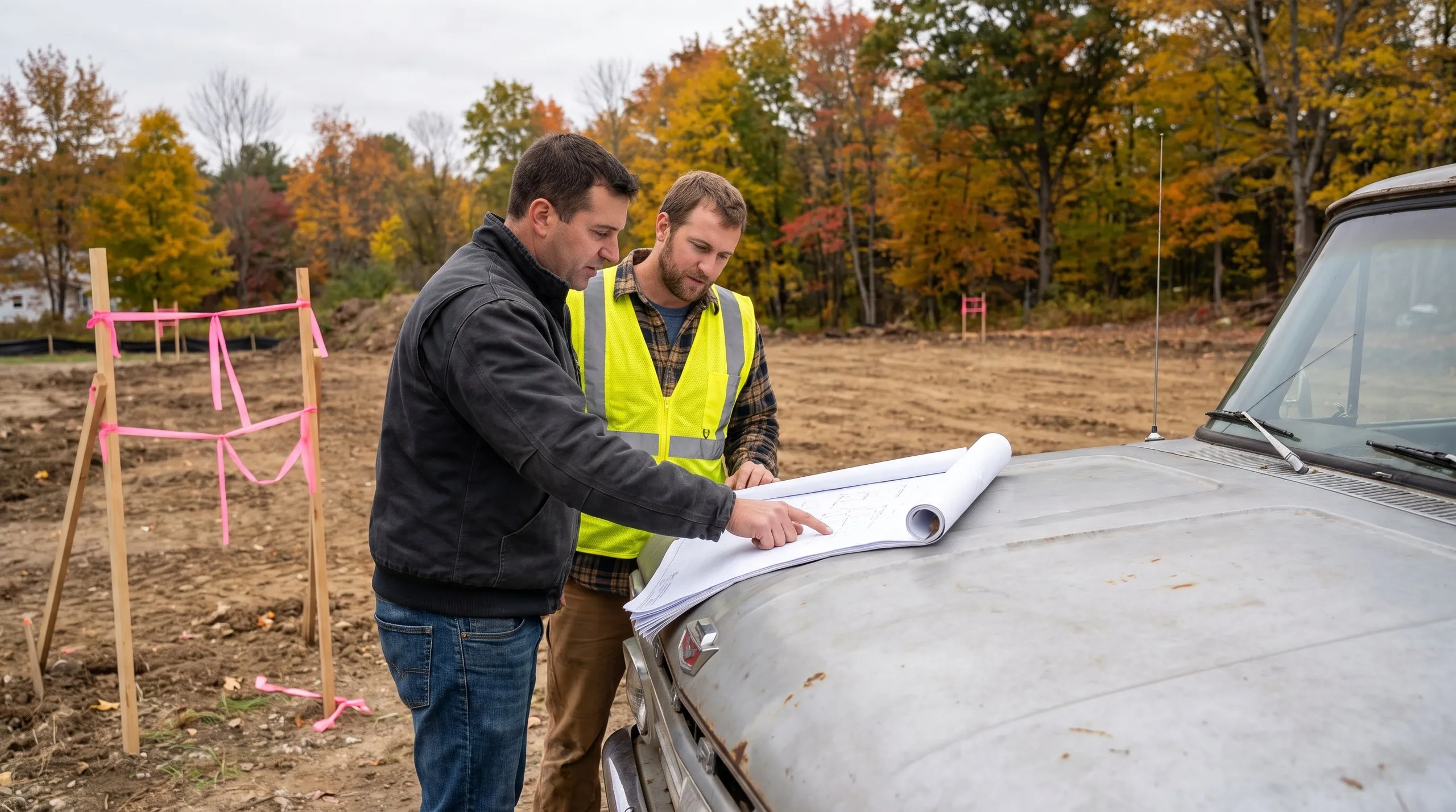 Construction company Hallowell Maine: two men, one in a safety vest, reading building plans on a truck hood at a staked lot