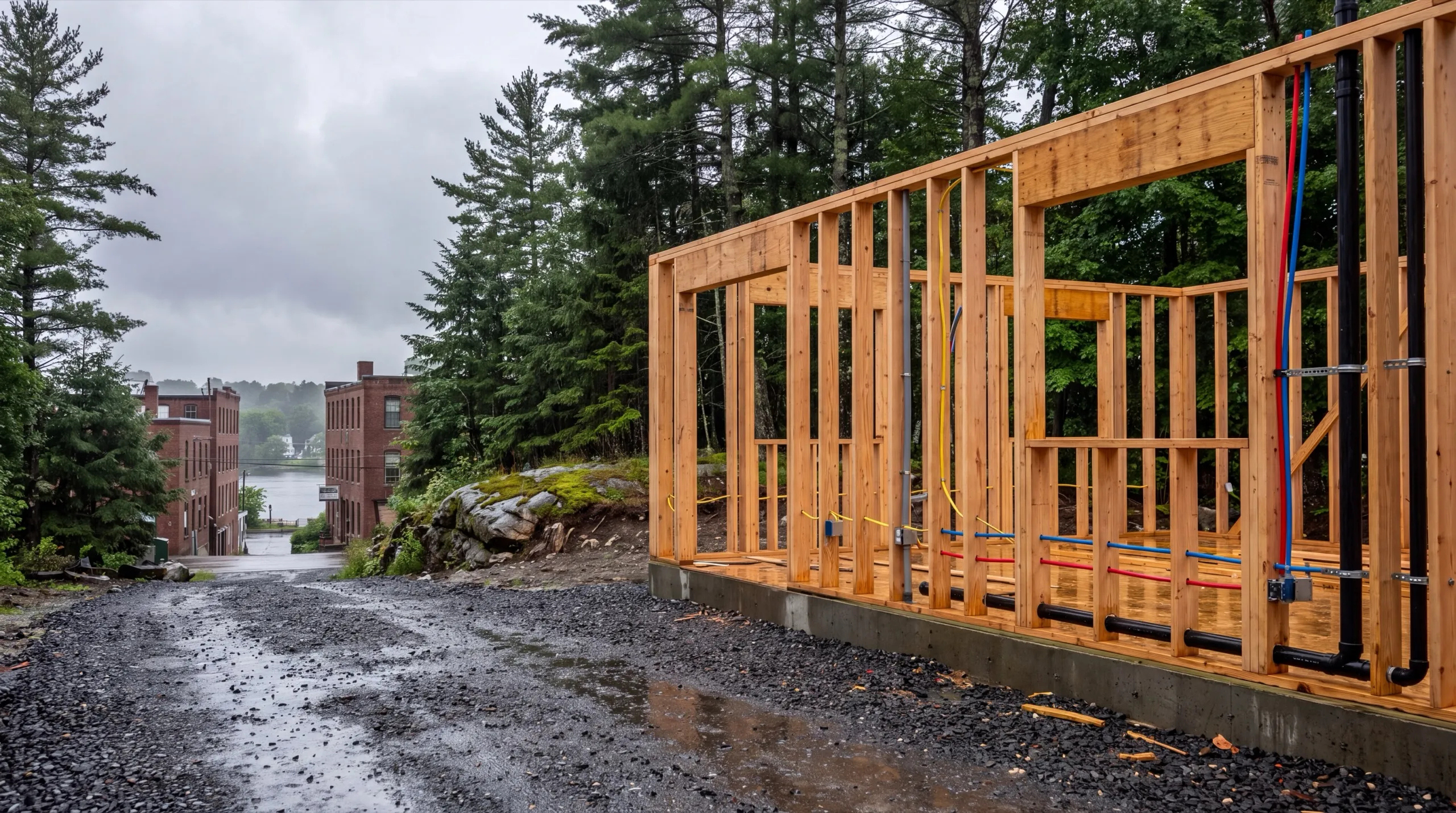General contractor Hallowell Maine: new wall framing with plumbing and wiring runs beside a wet gravel drive