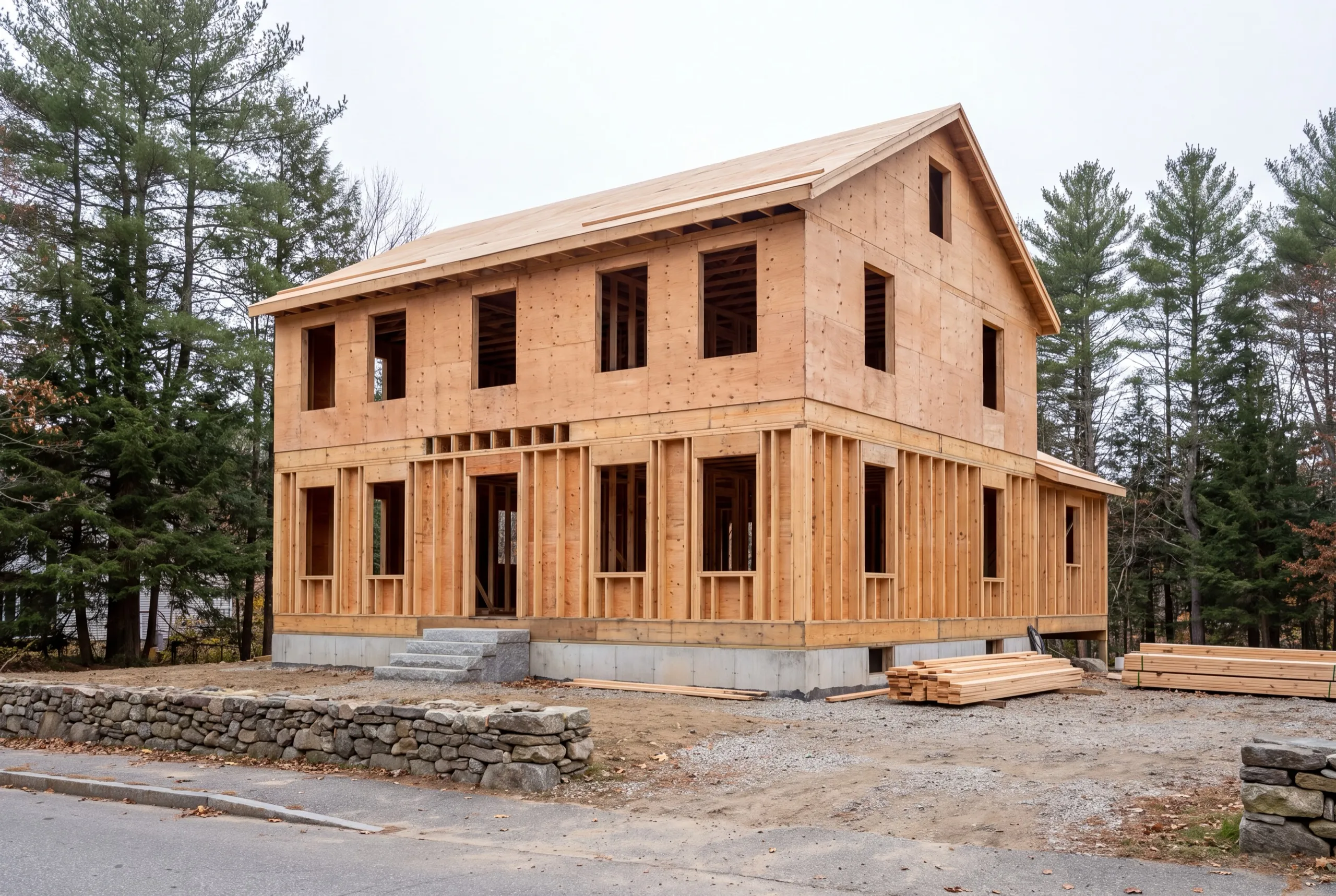 General contractor Hallowell Maine: new two-story house frame, upper floor sheathed, on a foundation by the street