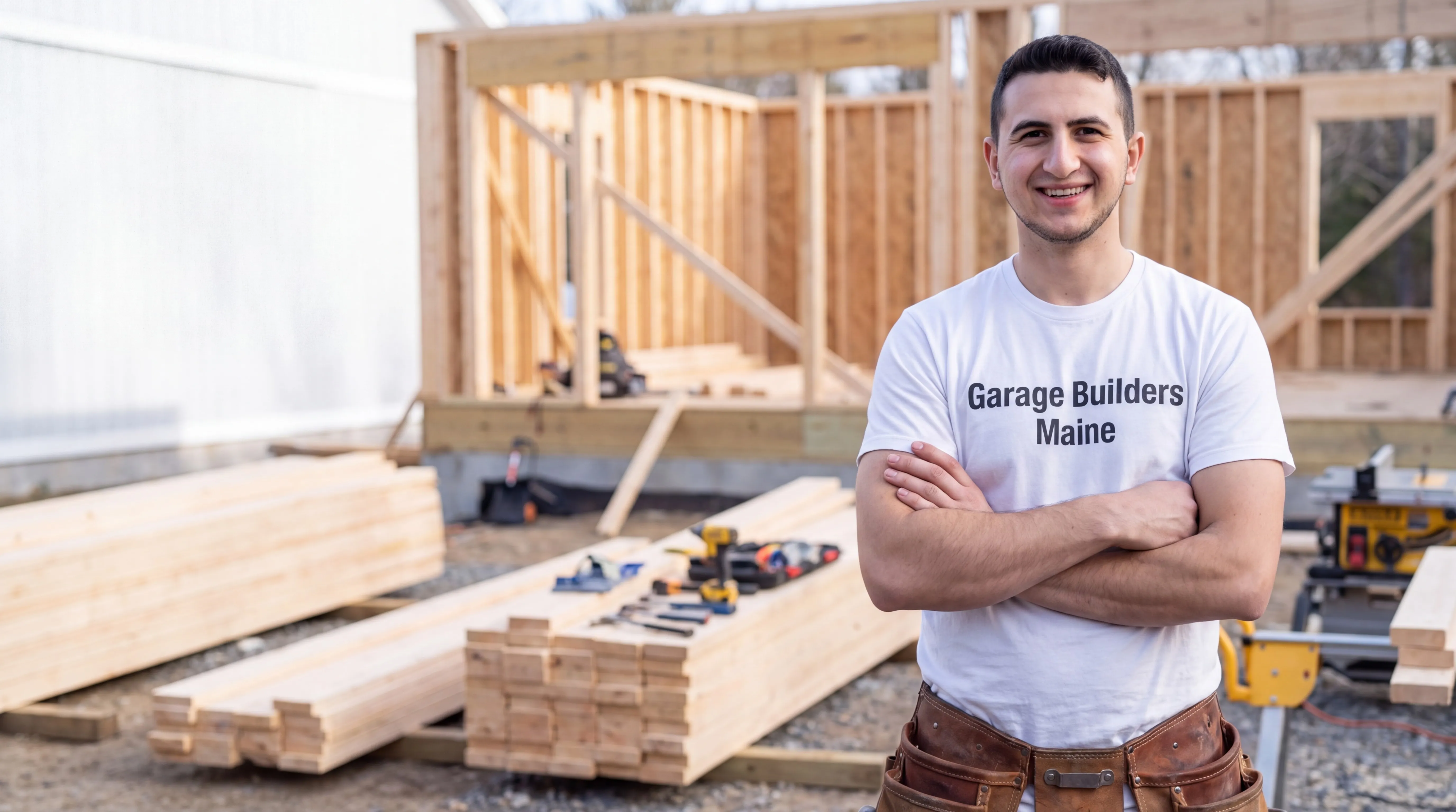 General contractor Jefferson Maine: owner with arms crossed at a framing site with lumber and a table saw