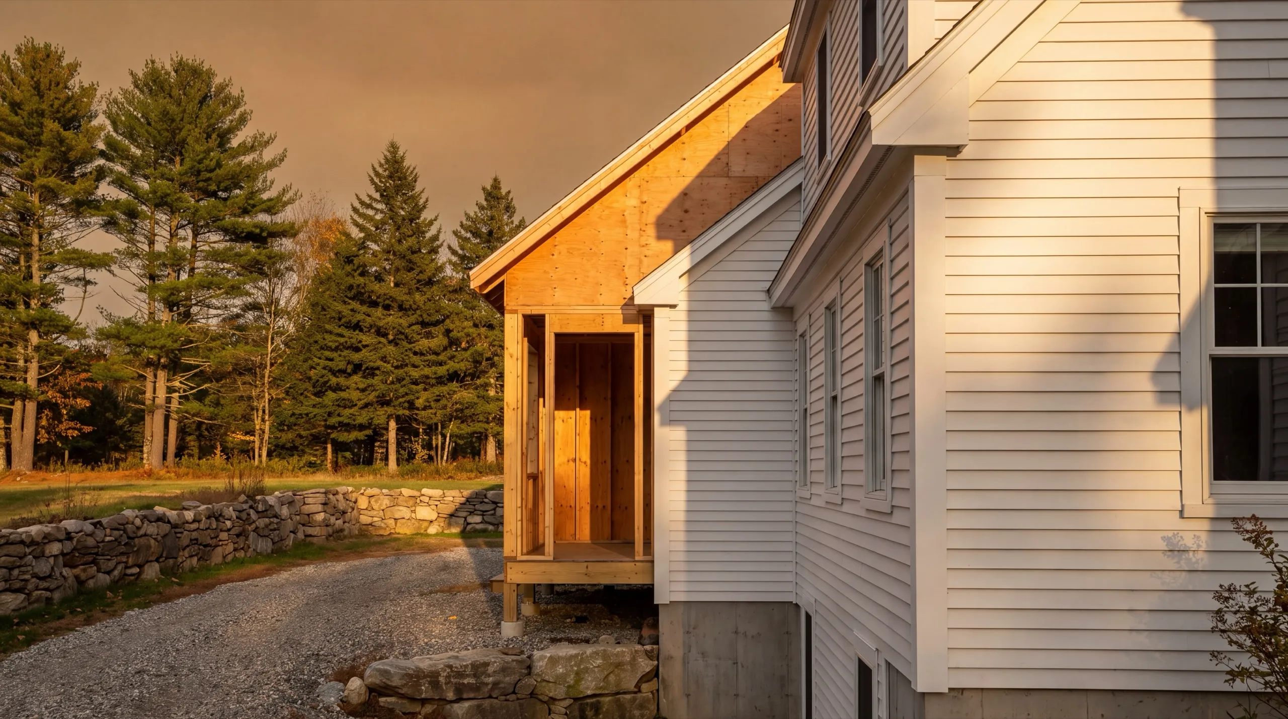 General contractor in Litchfield, ME: white house with a new plywood sheathed entry addition beside a gravel drive