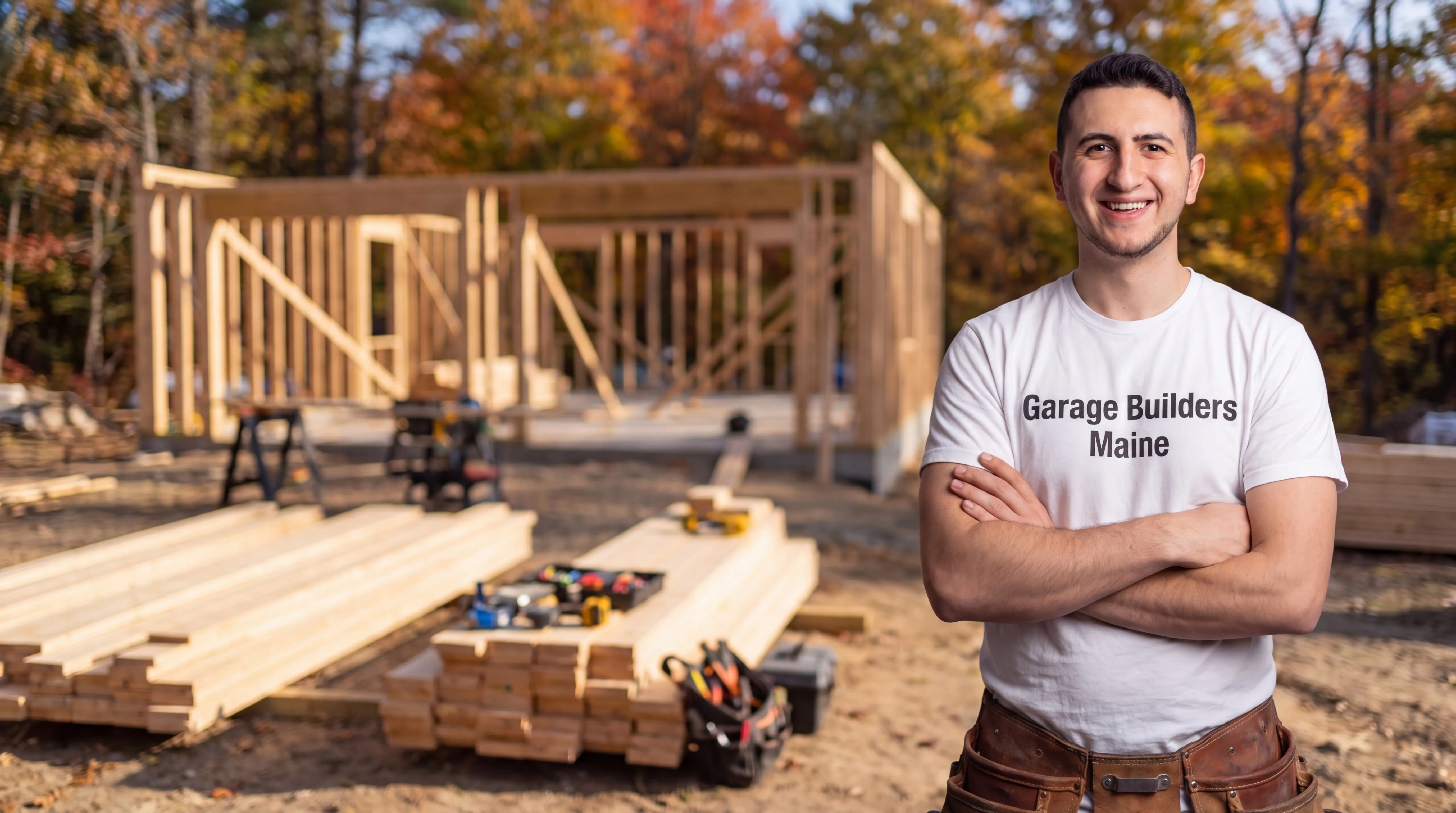 Owner of Garage Builders Maine standing with his arms crossed and smiling at a Maine job site