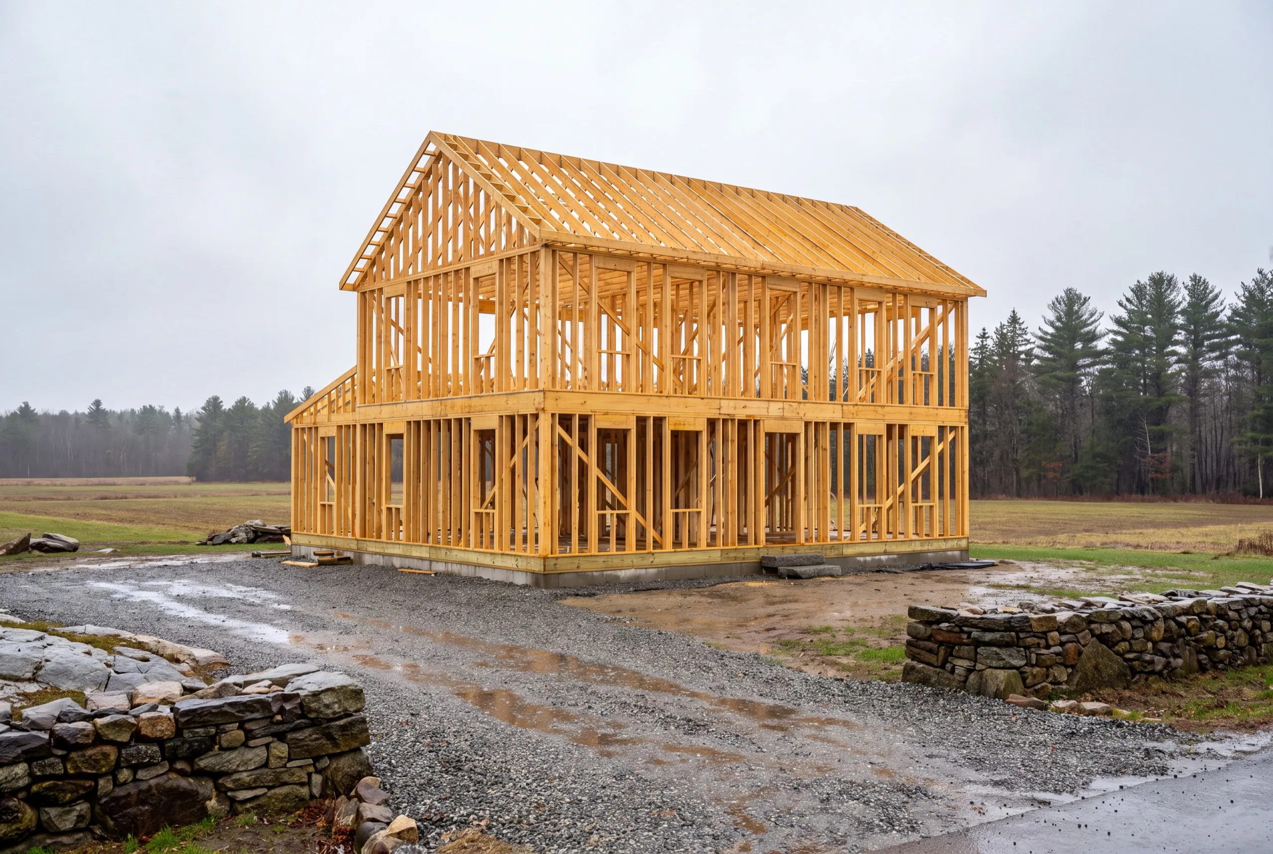 Residential general contractor Litchfield Maine: new two-story house frame with rafters set on a foundation in a field