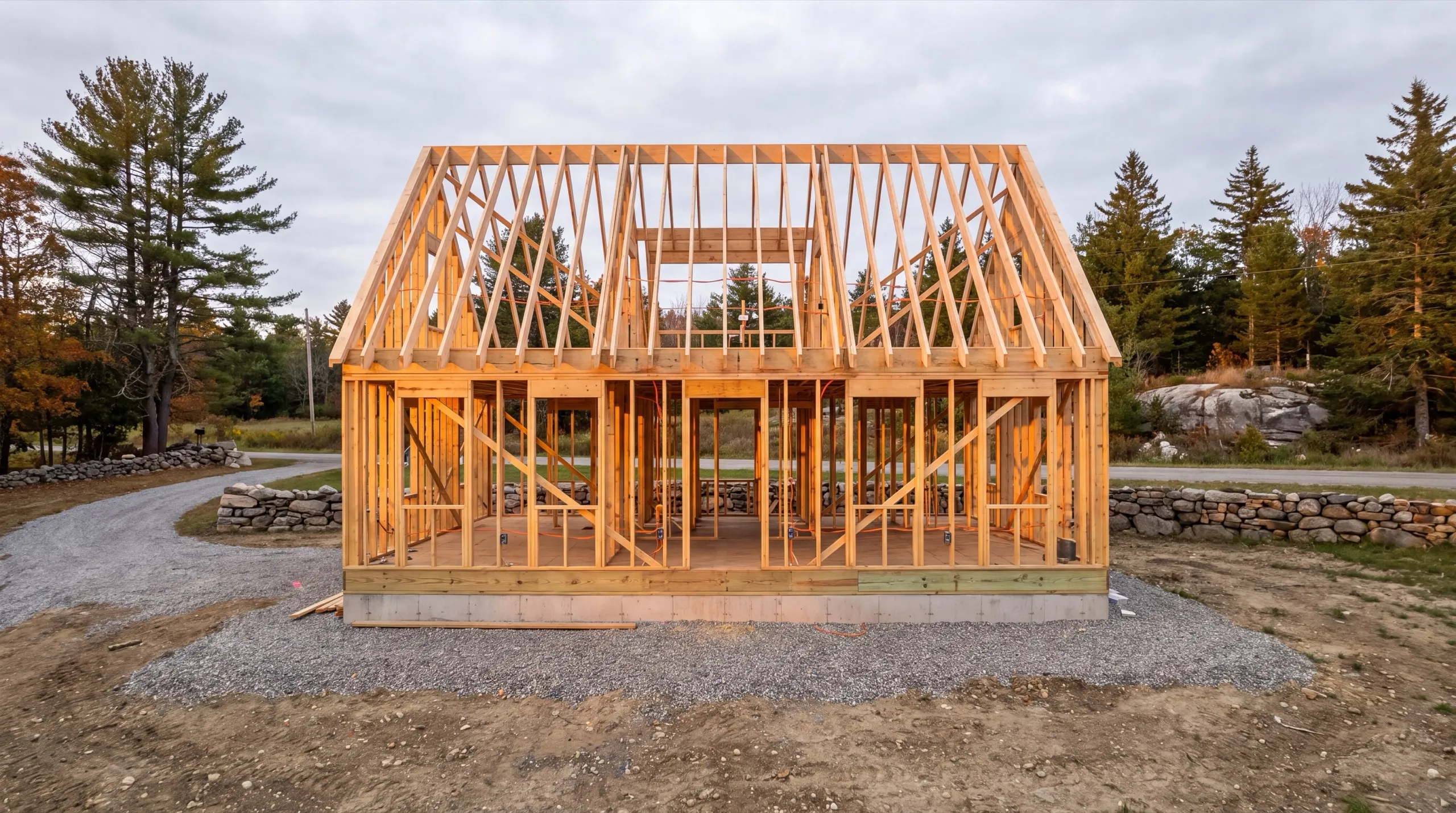 General contractor Litchfield Maine: new one-story house frame with roof trusses set and wiring run inside