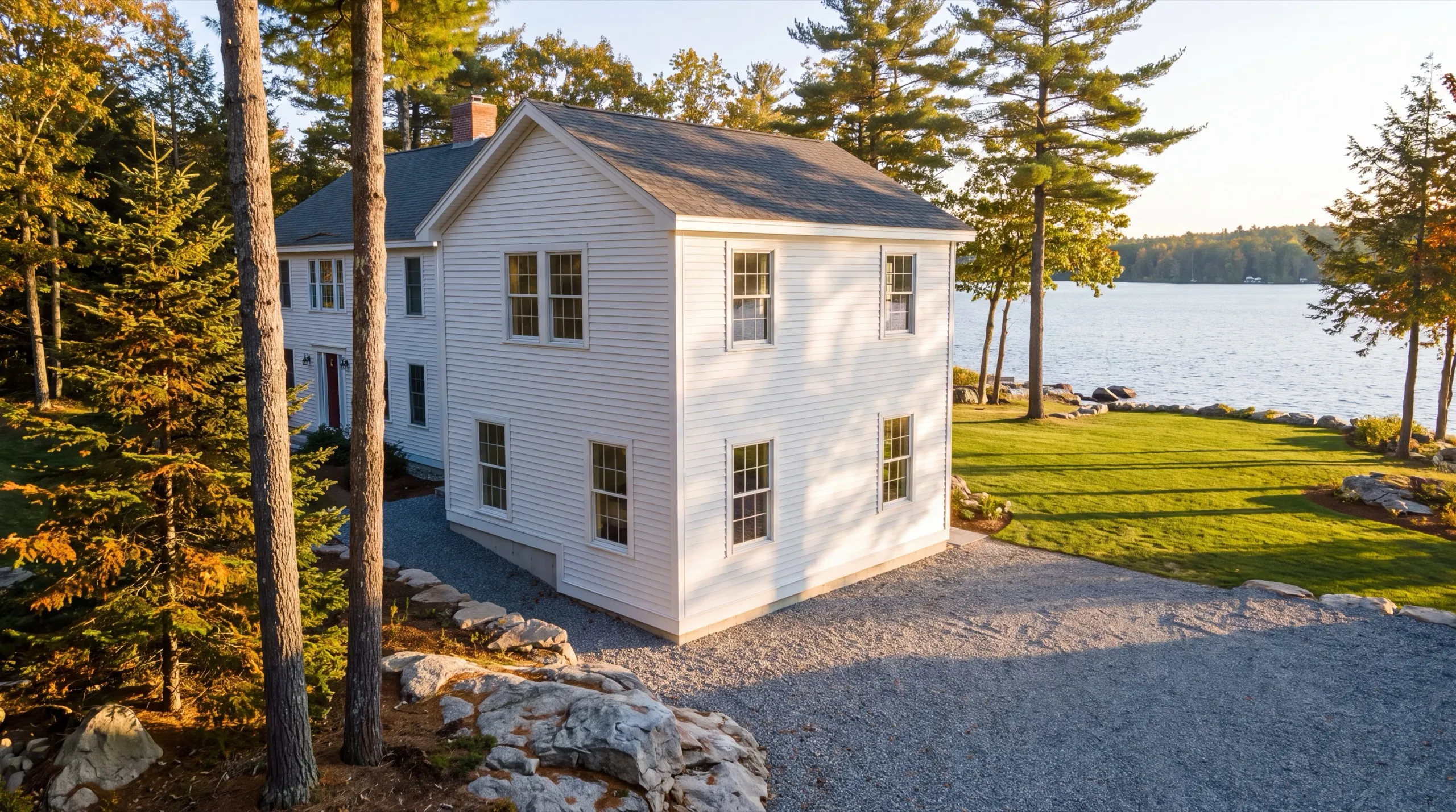 General contractor in Manchester, ME: finished white two-story house with a gravel drive and lawn on a lake
