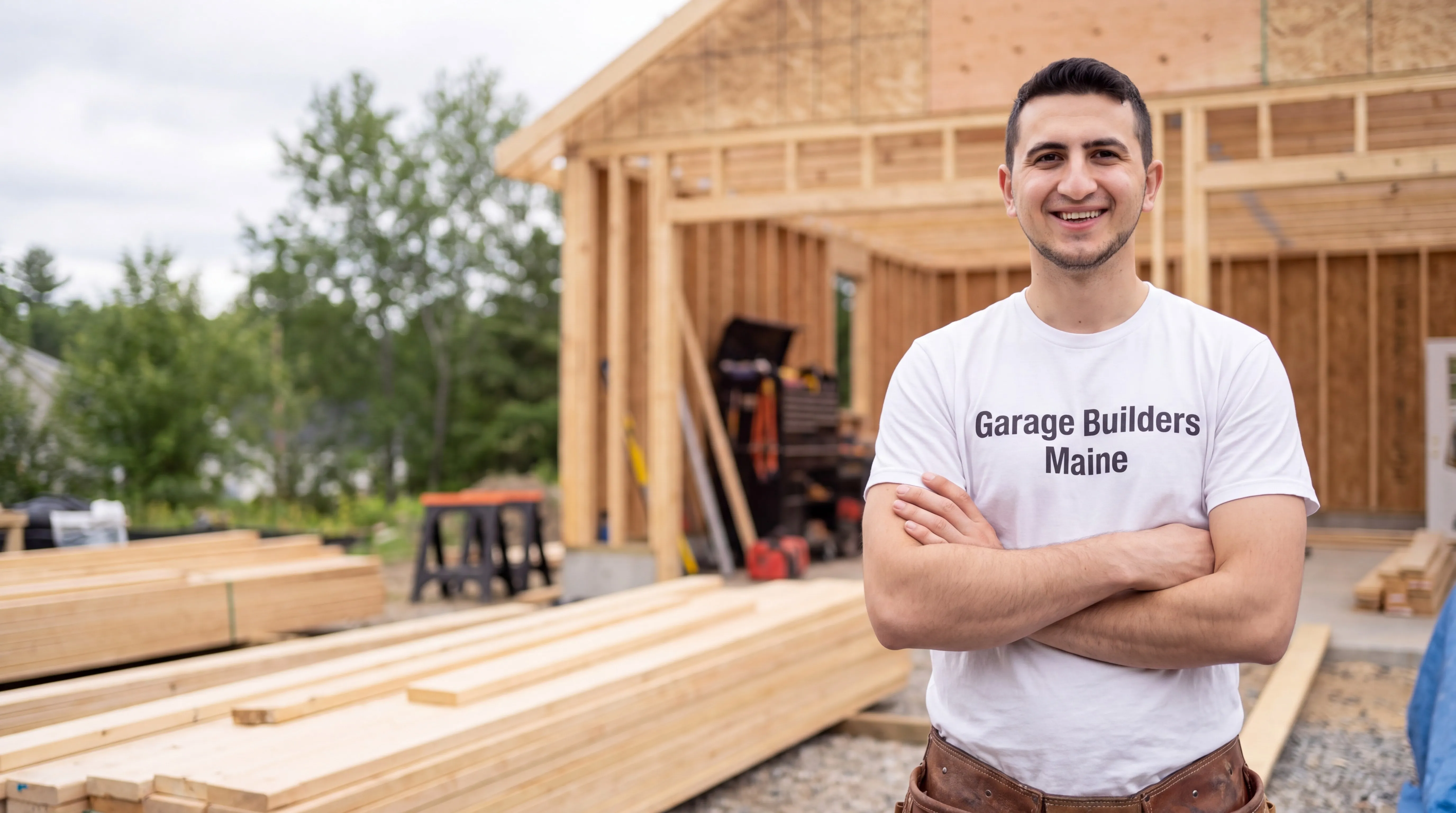 General contractor Manchester Maine: owner with arms crossed in front of a framed building and stacked lumber
