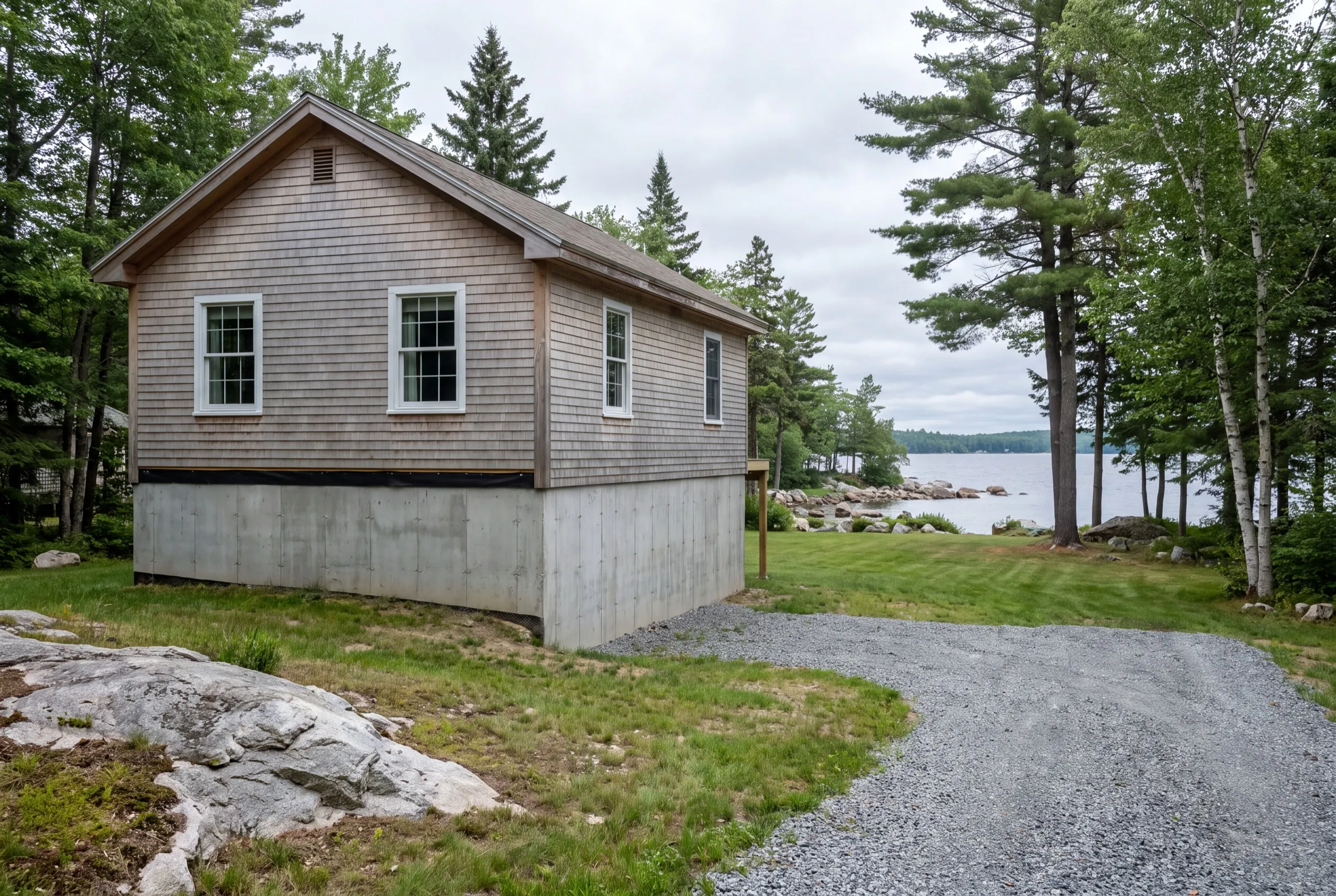 Construction company Manchester Maine: cedar shingled camp set on a tall new poured concrete foundation by a lake