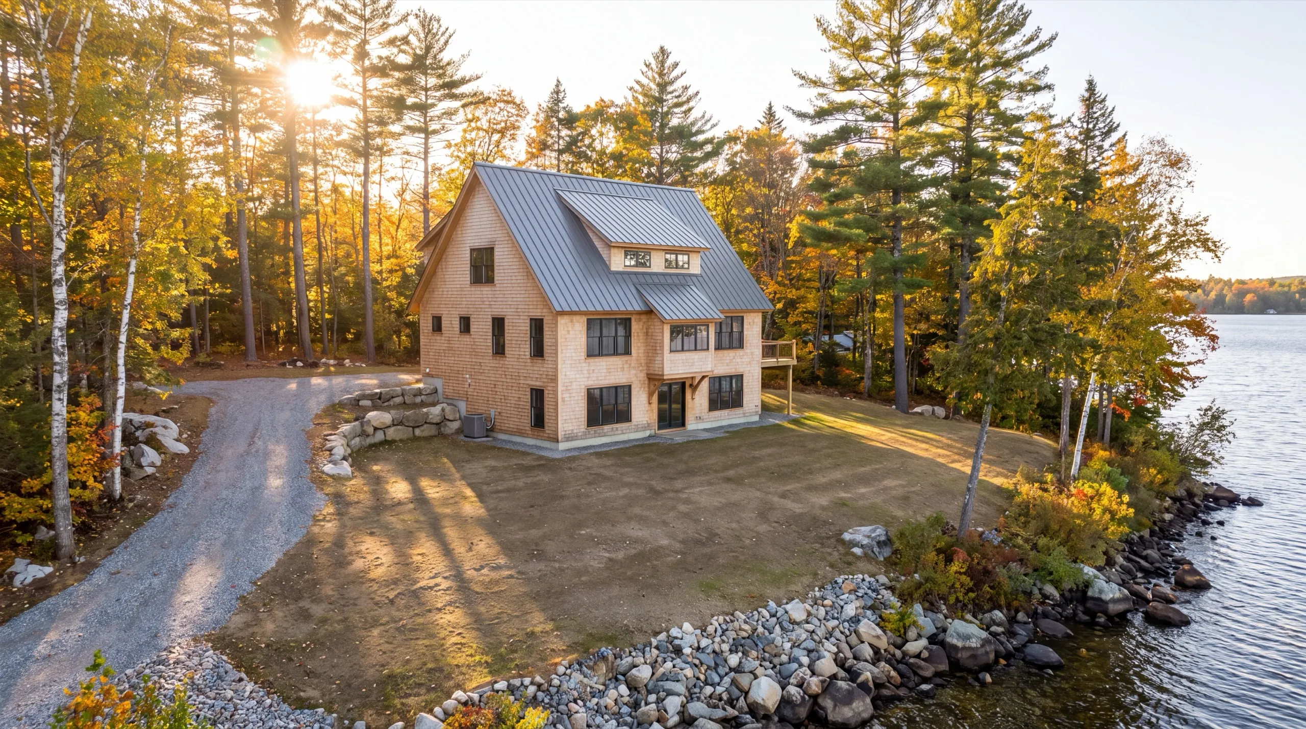 General contractor Manchester Maine: finished cedar shingled house with a metal roof and dormer on a lake point