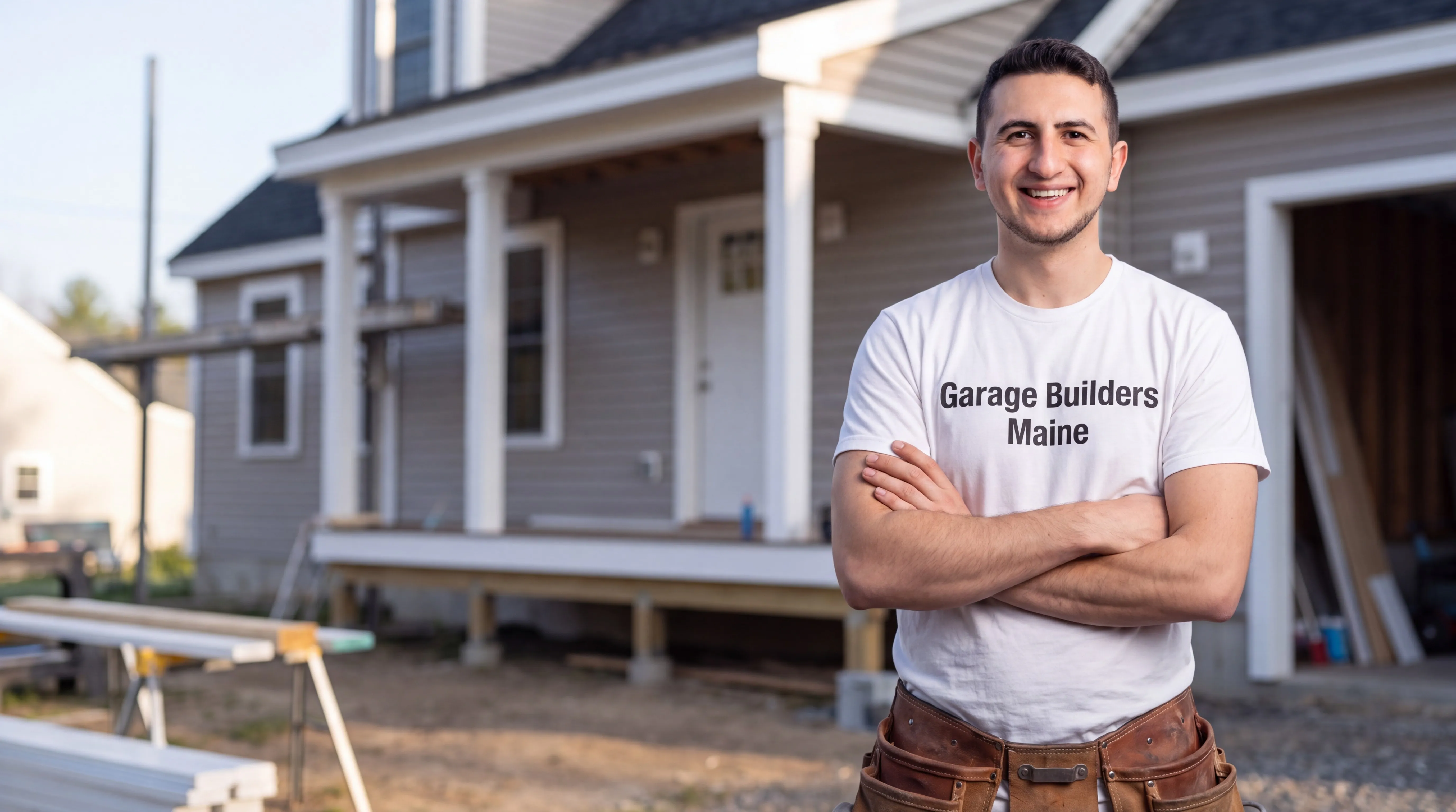 Owner of Garage Builders Maine standing with his arms crossed and smiling at a Maine job site