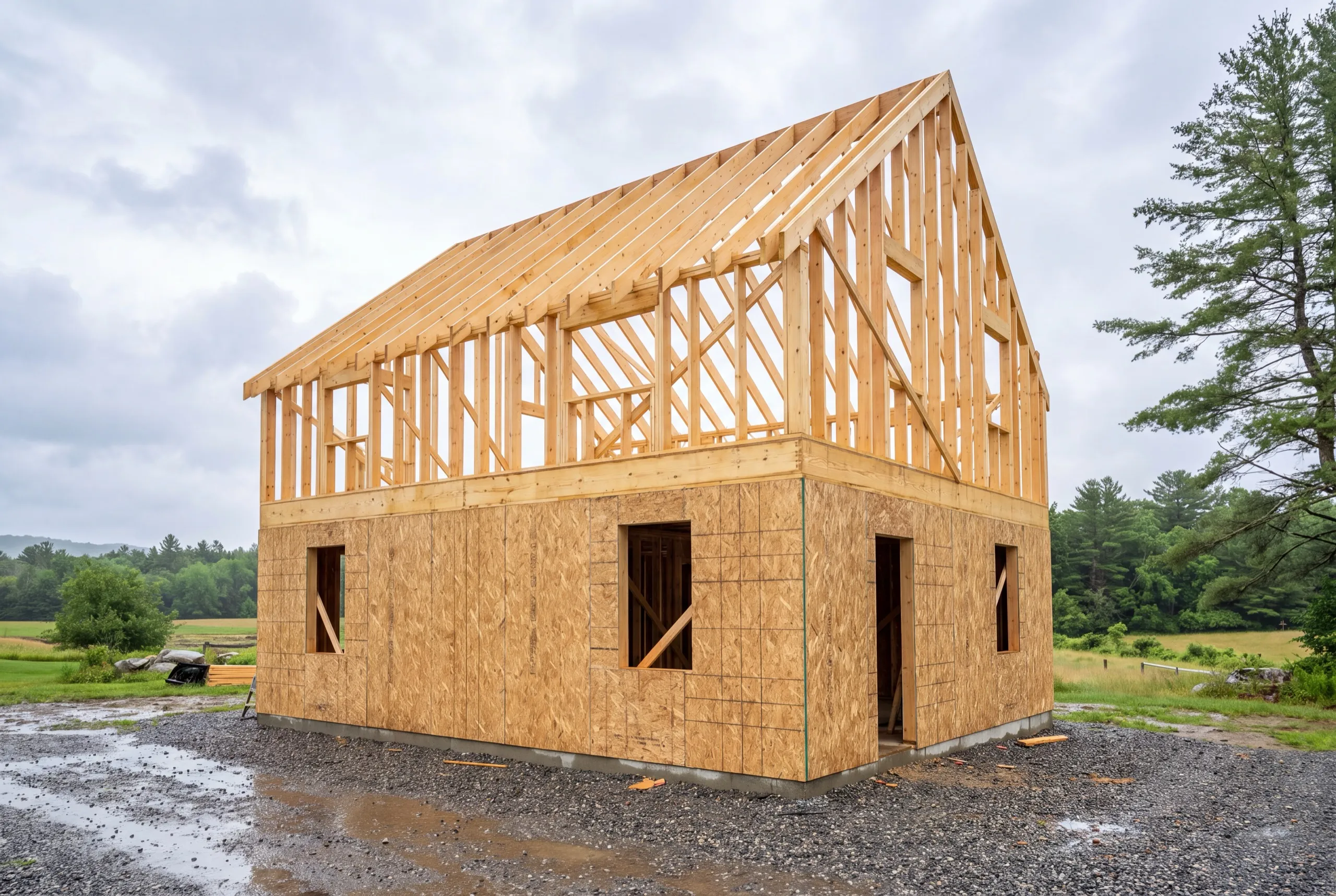 Residential general contractor Monmouth Maine: new frame with a sheathed first floor and an open framed gable story above
