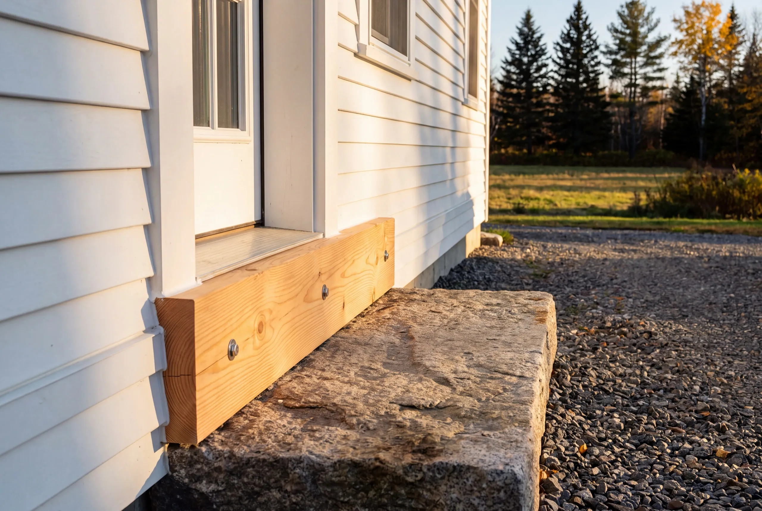 General contractor Monmouth Maine: new bolted timber sill under a door above a granite step