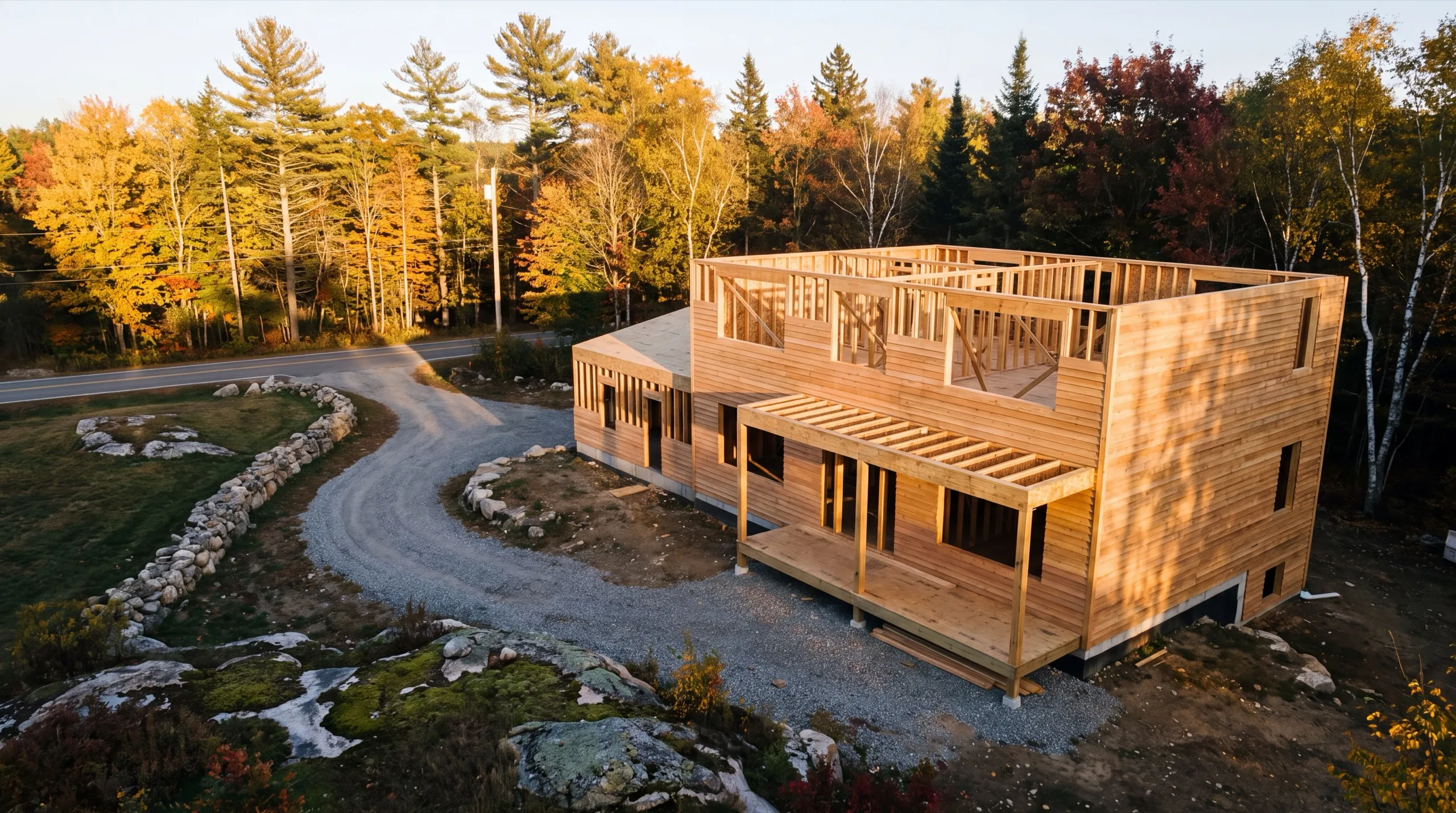 General contractor Monmouth Maine: framed two-story house with partly sheathed walls and a porch deck