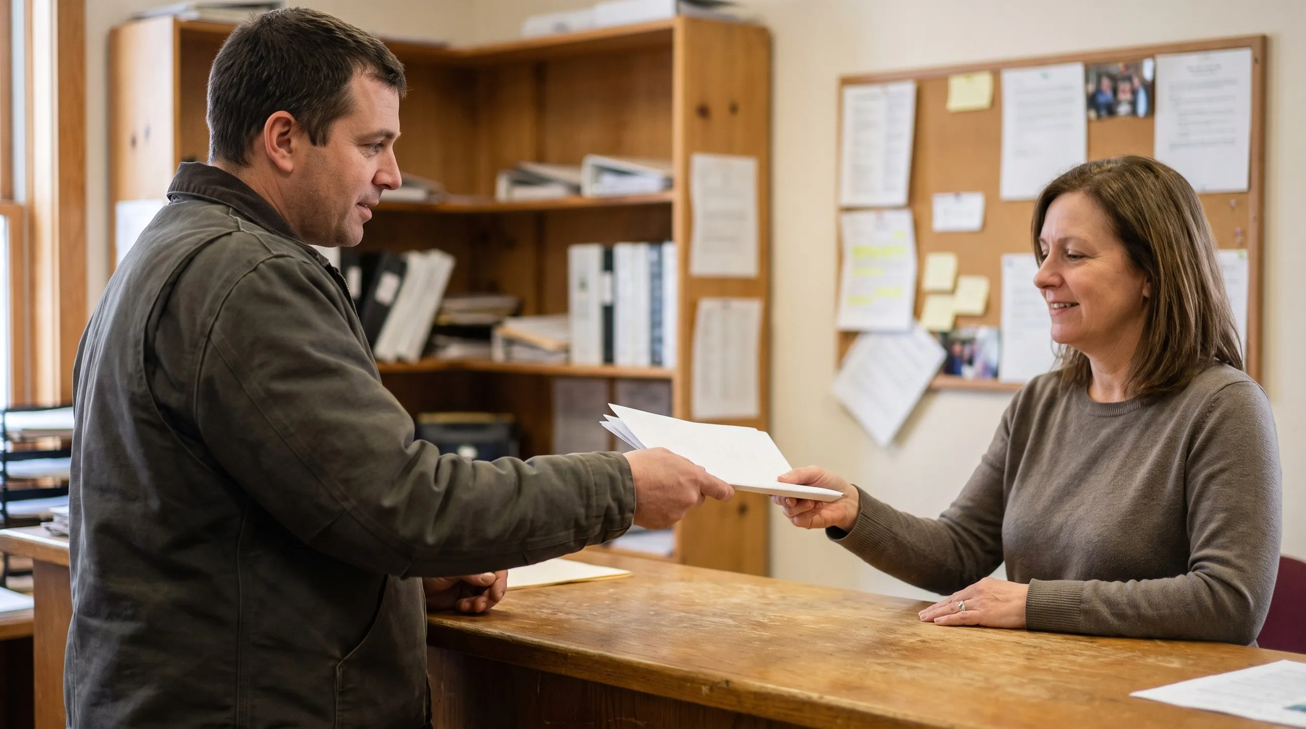 General contractor Central Maine: man in a work jacket handing papers to a smiling clerk across a wooden office counter
