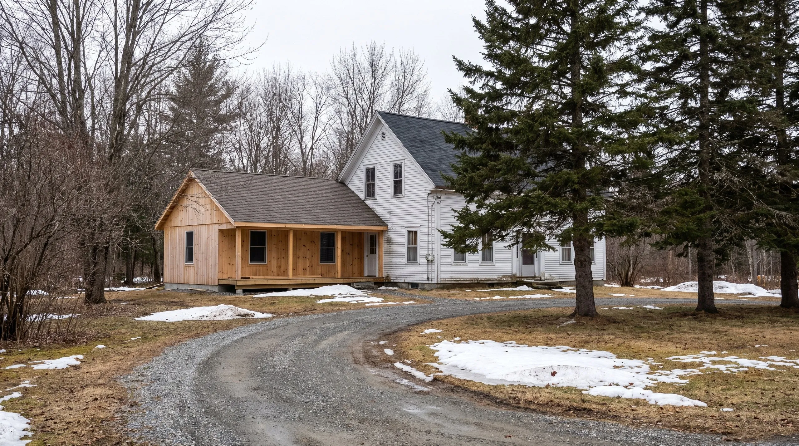 General contractor in Pittston, ME: new wood-sided addition with a covered porch joined to a white farmhouse by a gravel drive
