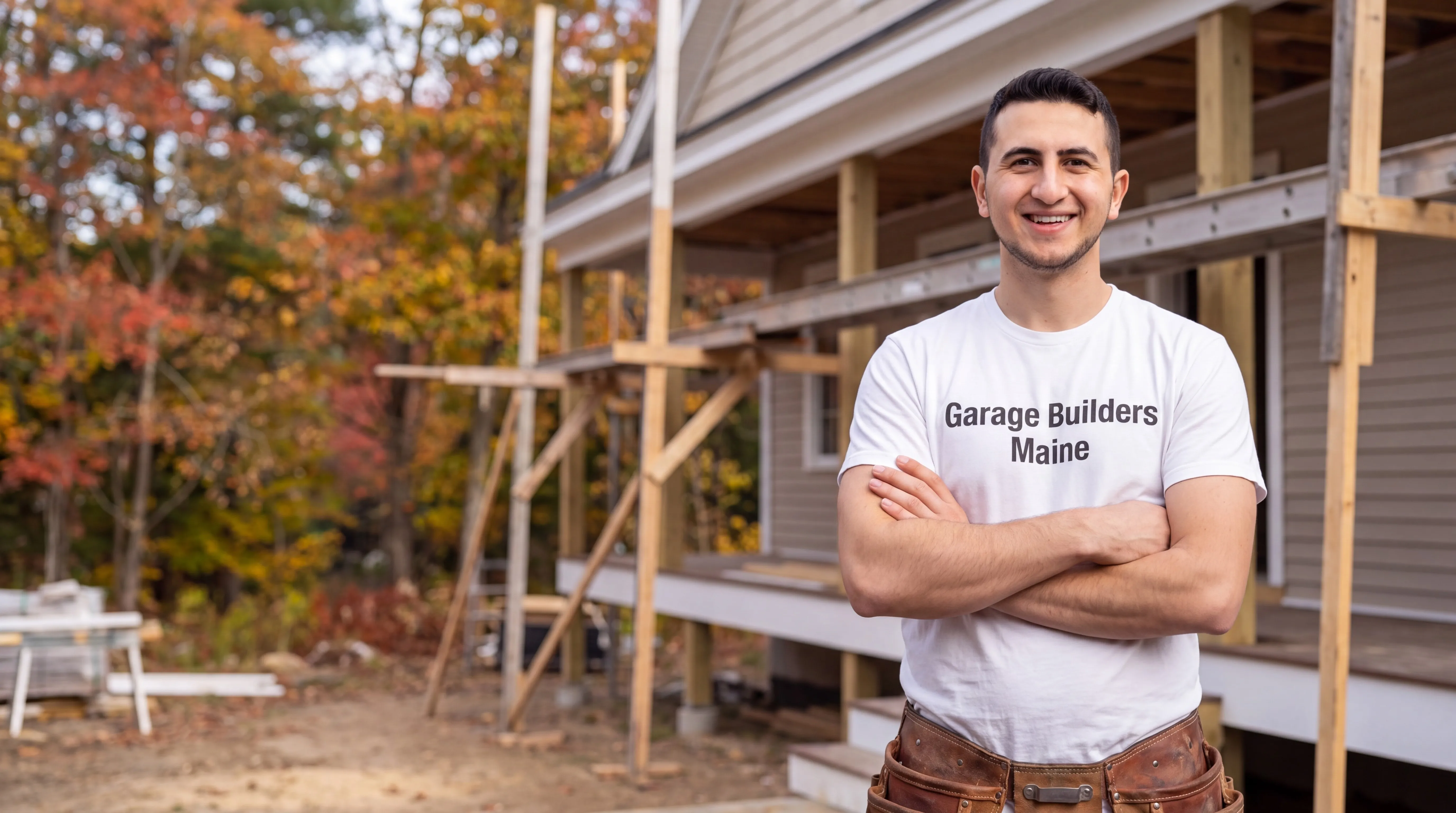 Owner of Garage Builders Maine standing with his arms crossed and smiling at a Maine job site