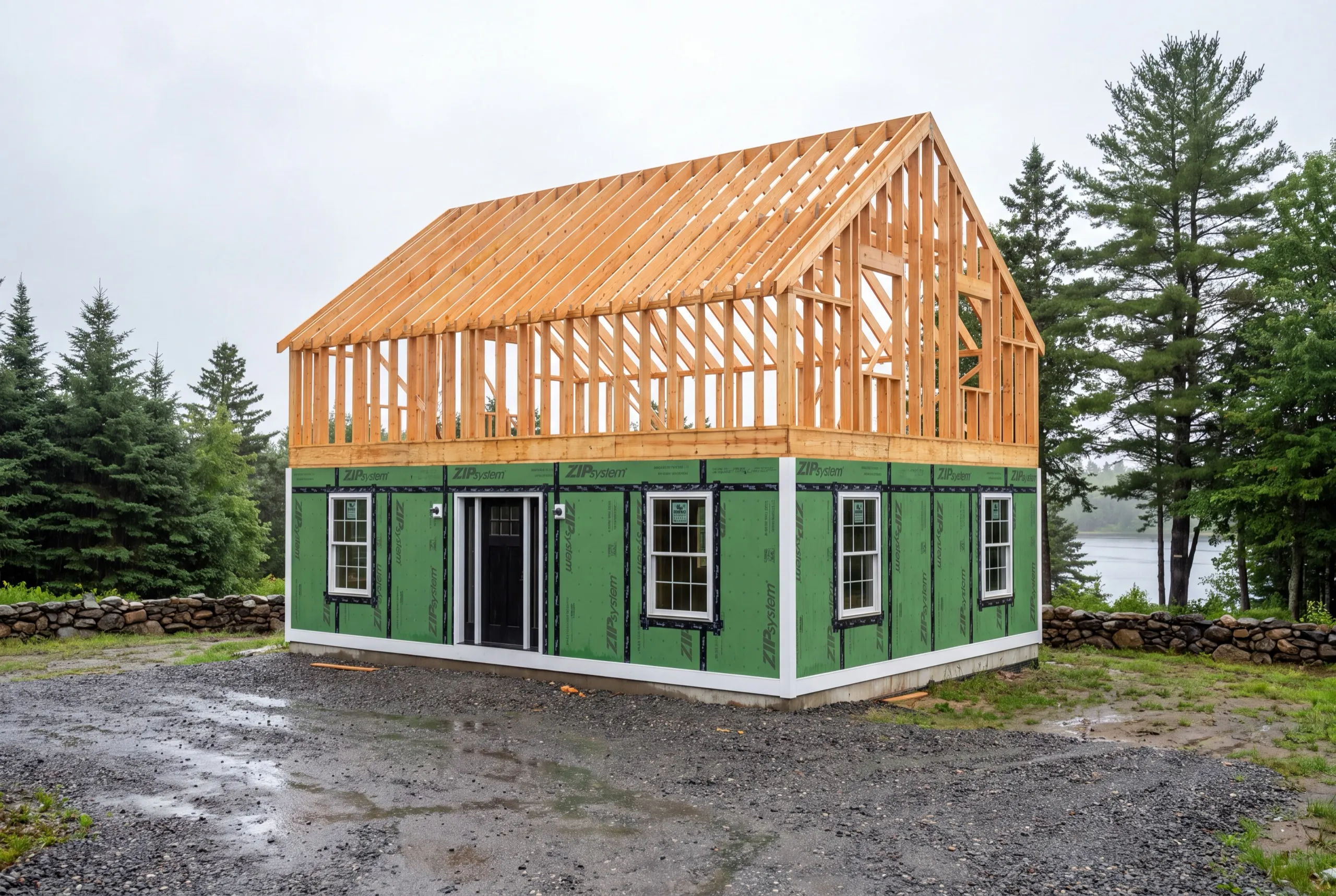 General contractor Pittston Maine: framed second-story walls and rafters over a green sheathed first floor
