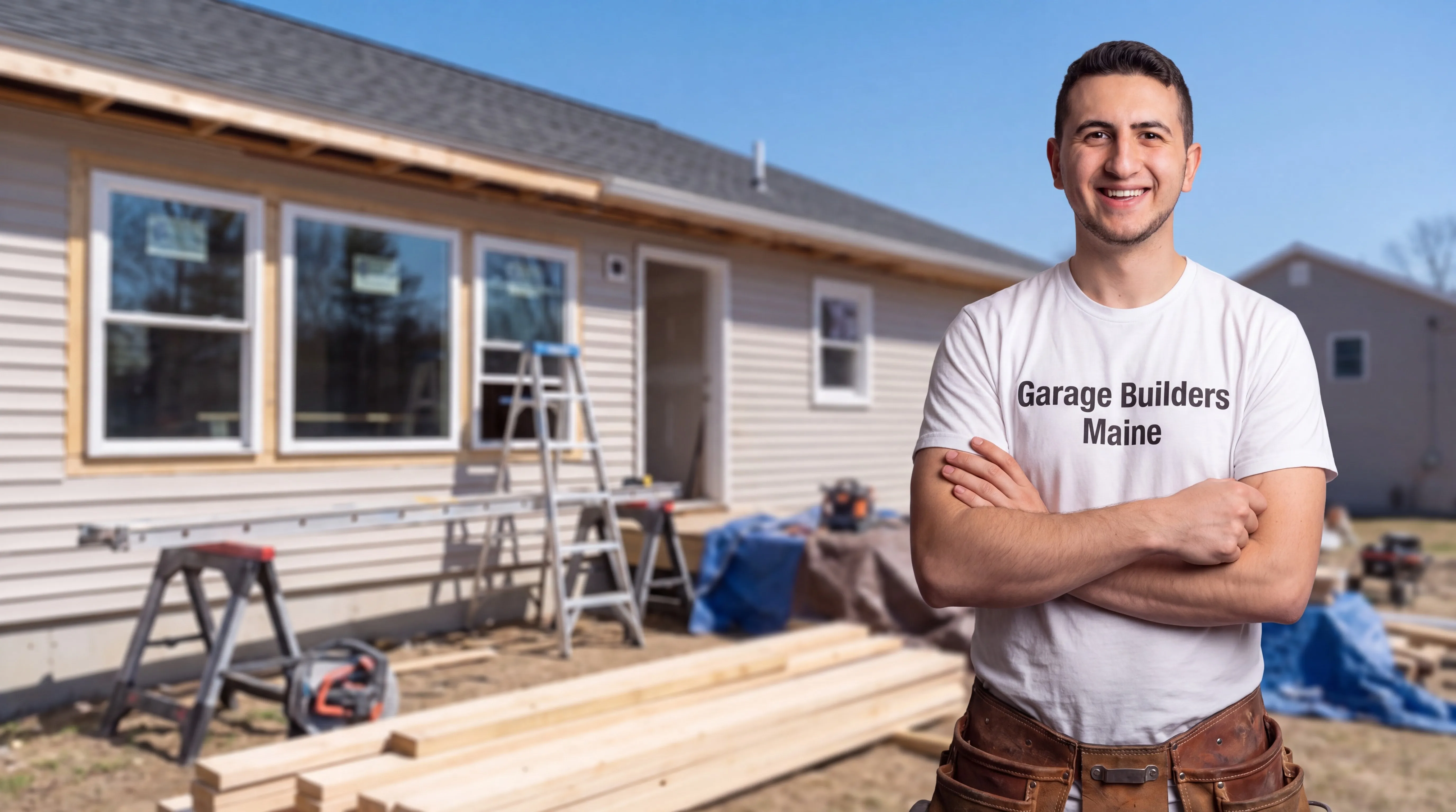 General contractor Randolph Maine: owner with arms crossed in front of a ranch house getting new windows