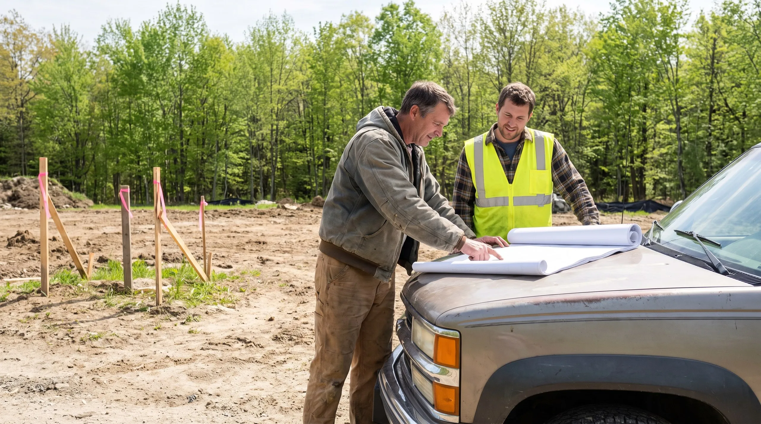 Construction company Randolph Maine: two men, one in a safety vest, reviewing plans on a pickup hood at a staked dirt lot