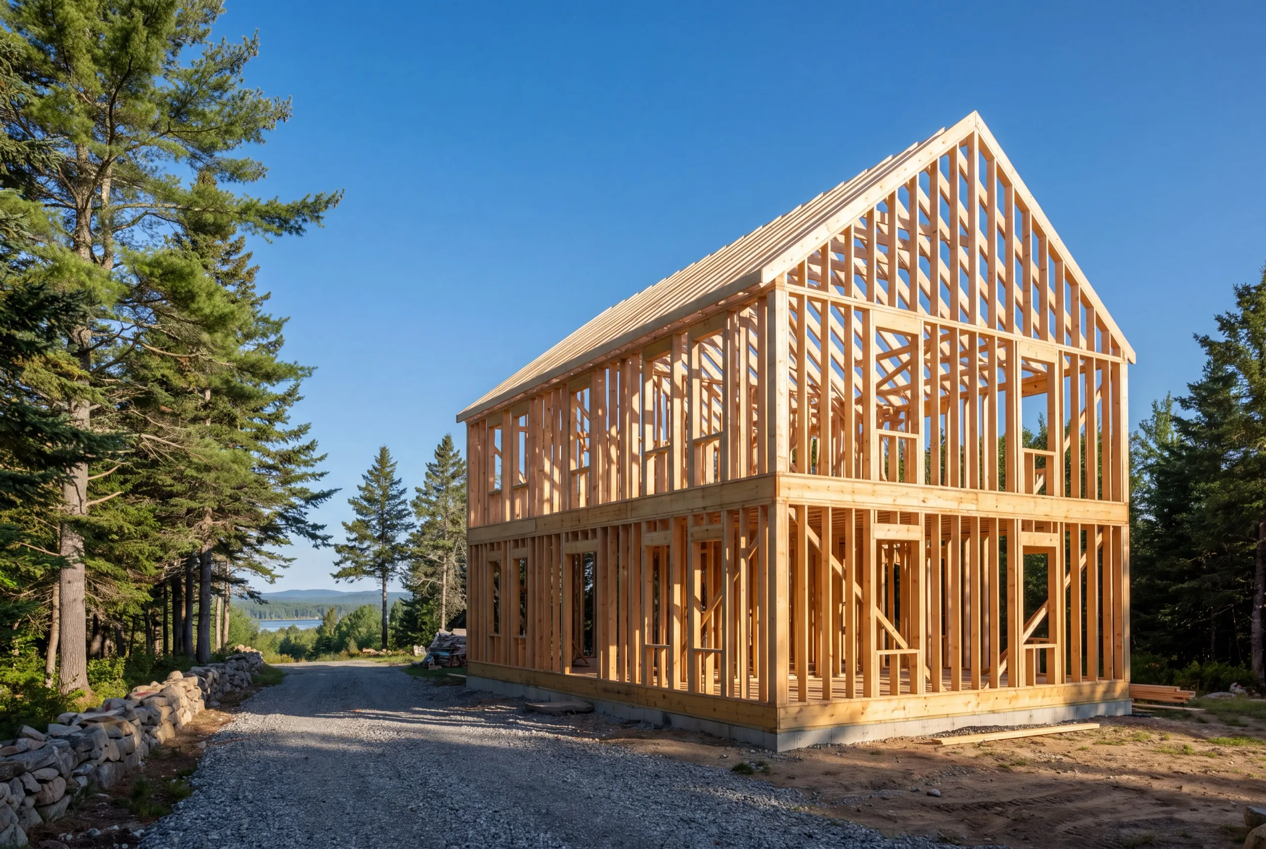 Residential general contractor Randolph Maine: new two-story house frame with open stud walls and rafters set