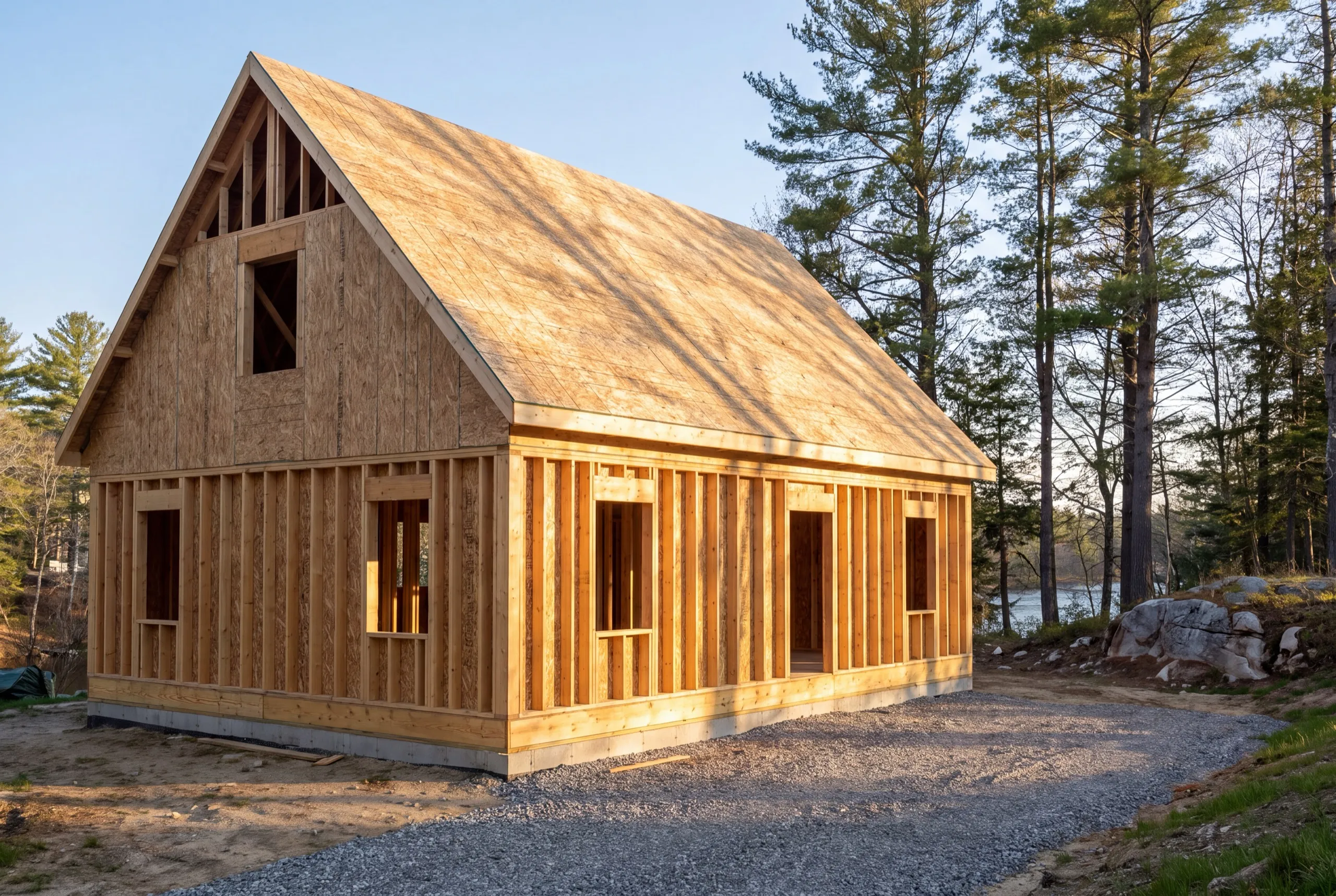 Construction company Randolph Maine: new house frame with a sheathed roof and partly sheathed stud walls