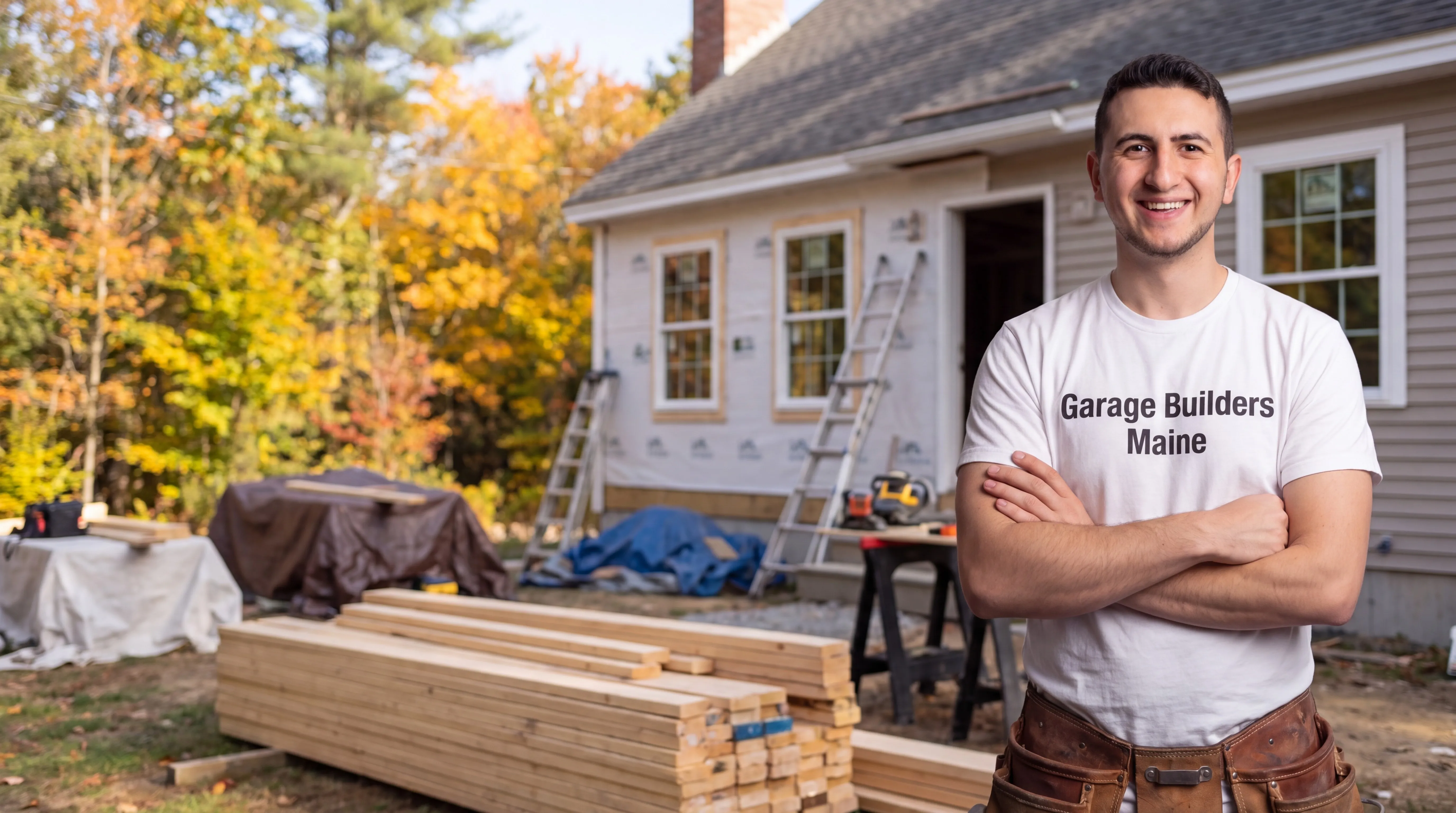 General contractor Richmond Maine: owner with arms crossed in front of a gray cape with ladders and lumber