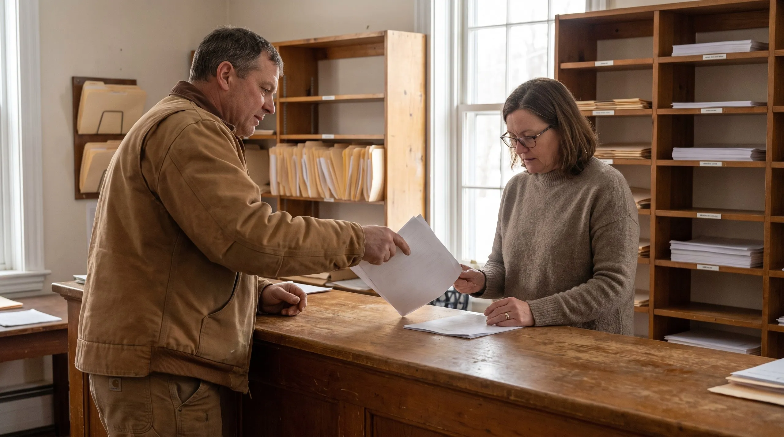 Construction company Richmond Maine: contractor hands paperwork to a clerk over a worn wooden counter with file cubbies behind
