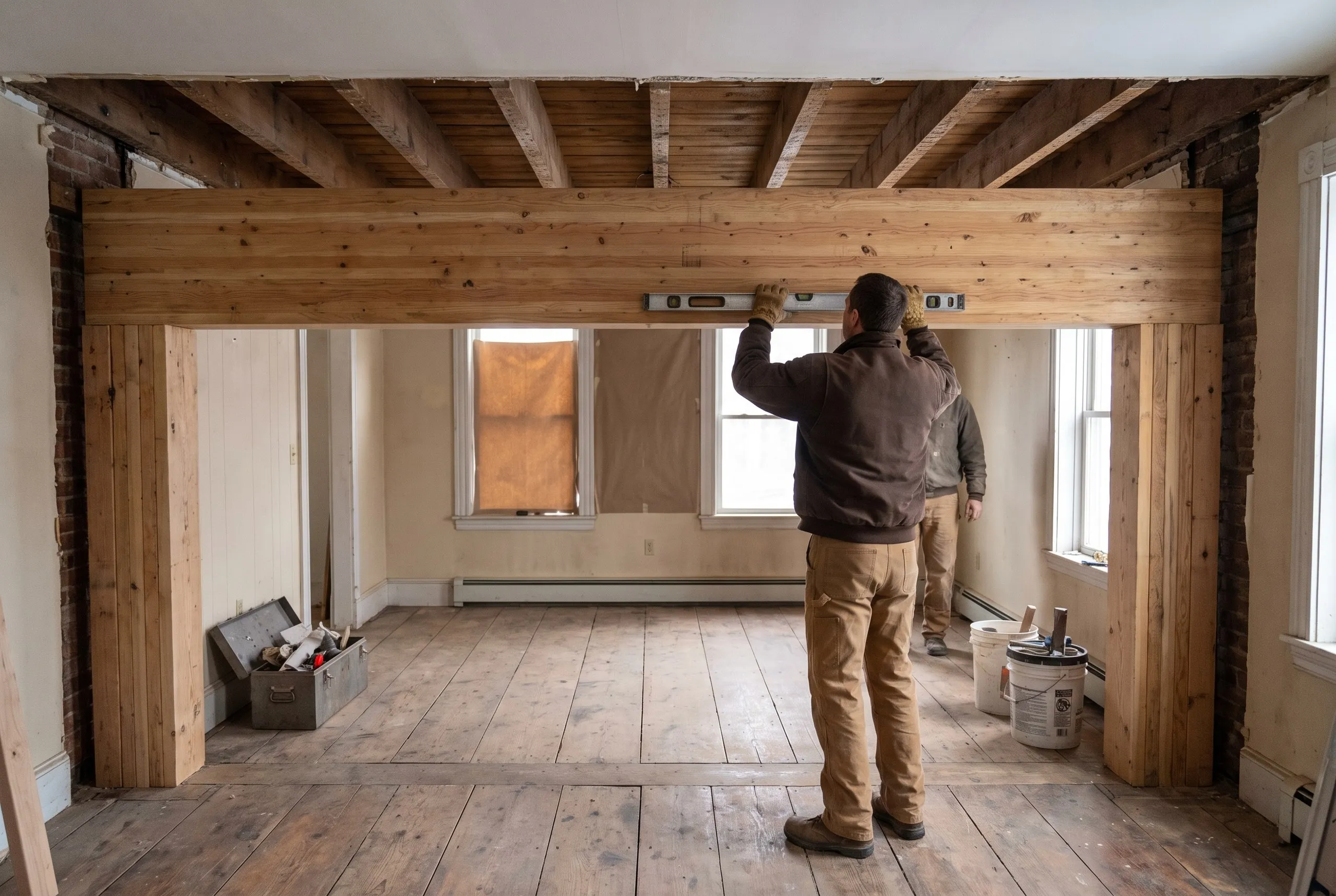 Construction company Richmond Maine: worker levels a new built-up beam on posts beneath old ceiling joists in a room with wide plank floors