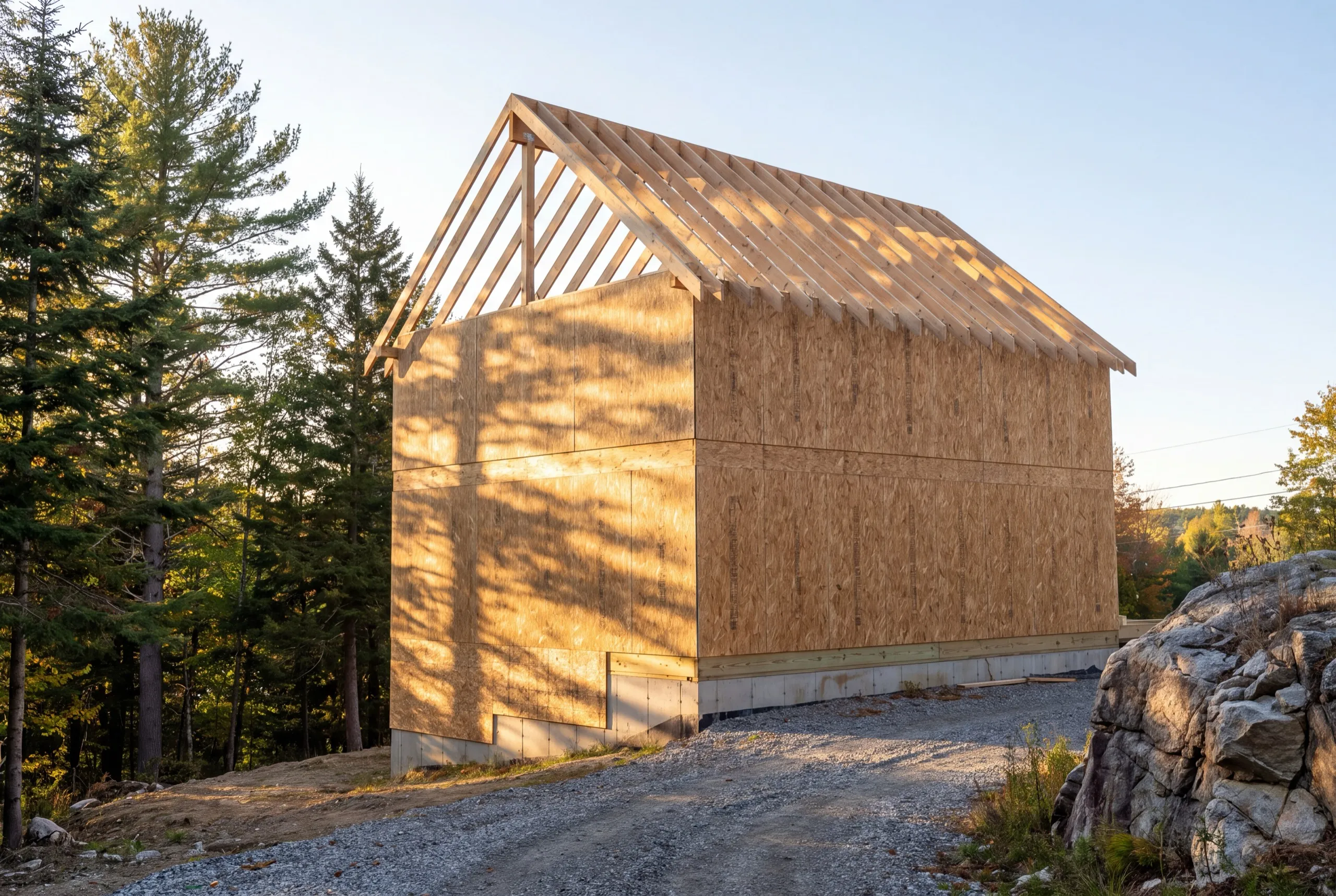 Residential general contractor Central Maine: tall sheathed house shell with open roof trusses on a rocky wooded lot