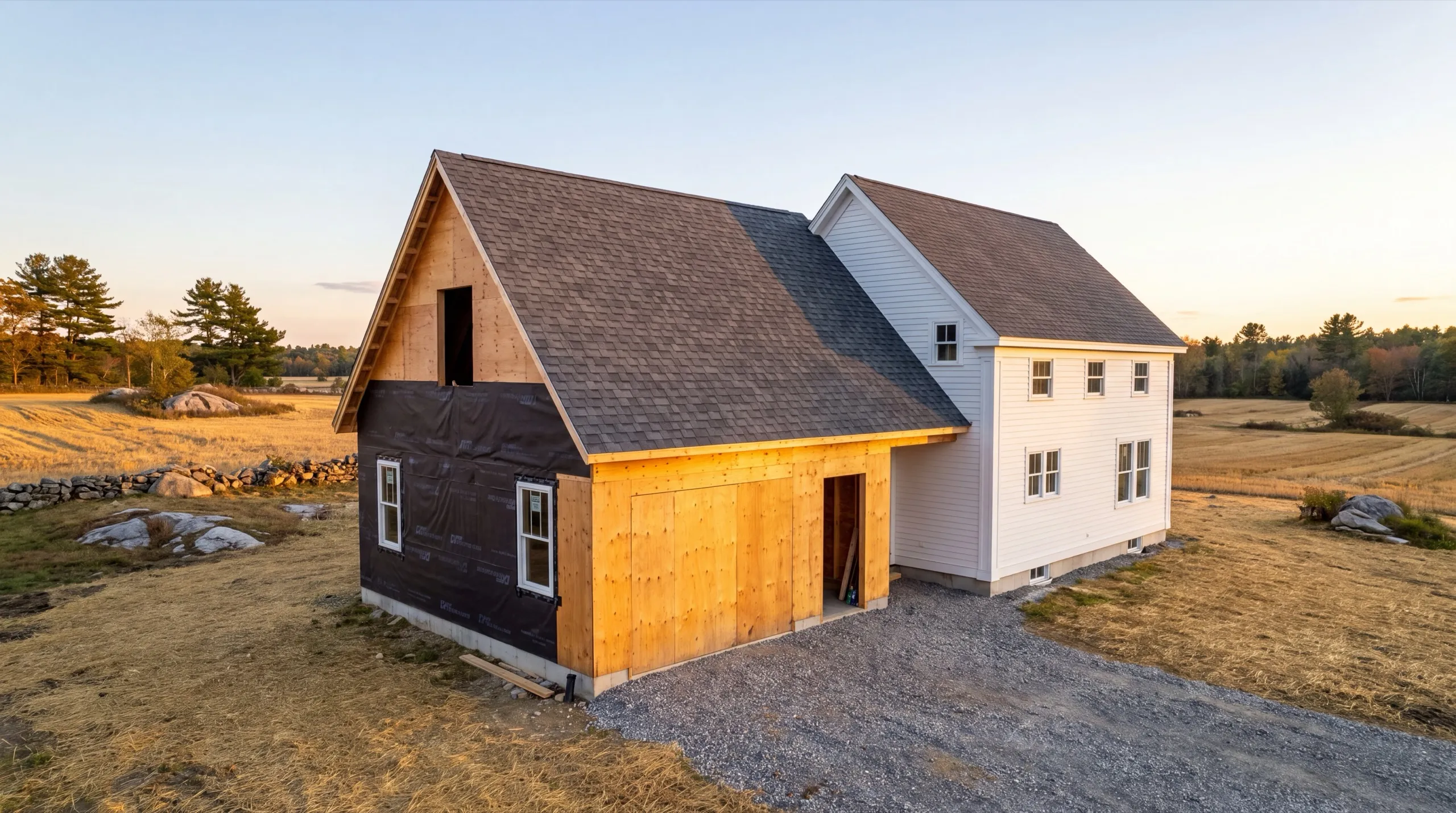 General contractor in Sidney, ME: sheathed wing in black wrap with a shingled roof joined to a white farmhouse