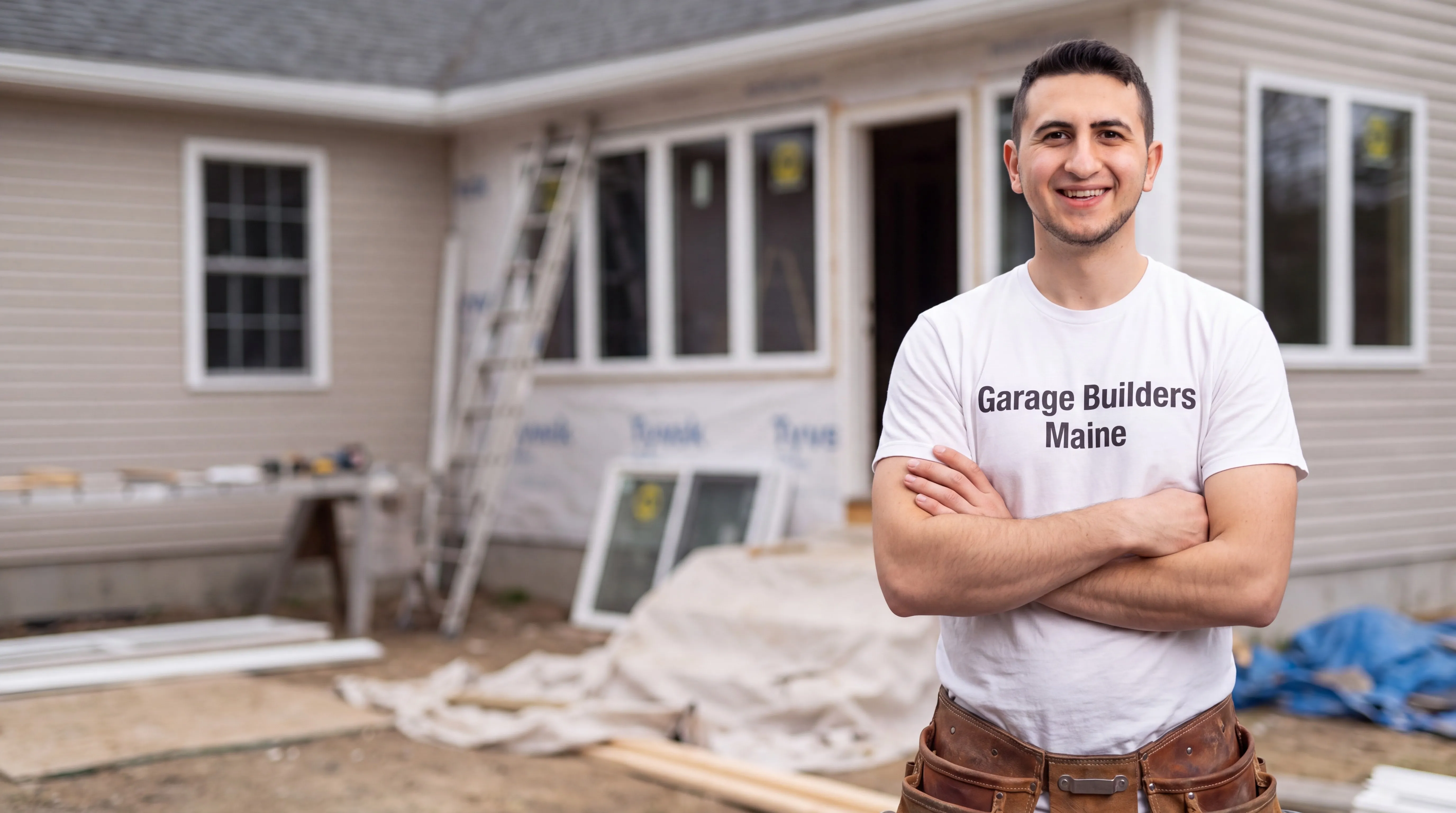 General contractor Sidney Maine: owner with arms crossed in front of a ranch house getting new windows