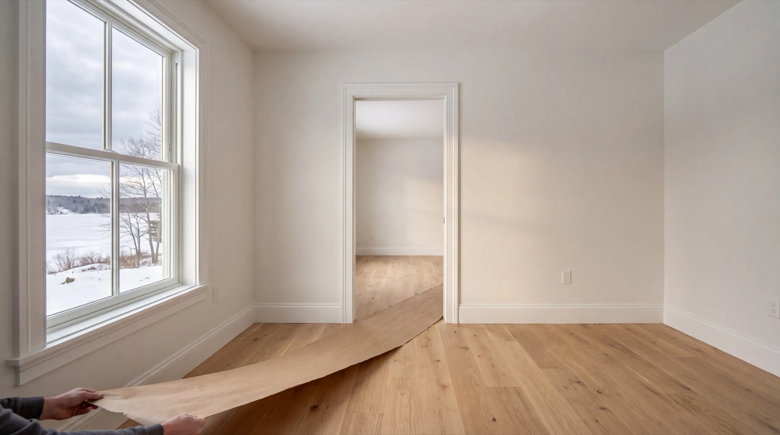 Residential general contractor Sidney Maine: hands rolling out floor paper in an empty finished room with oak floors