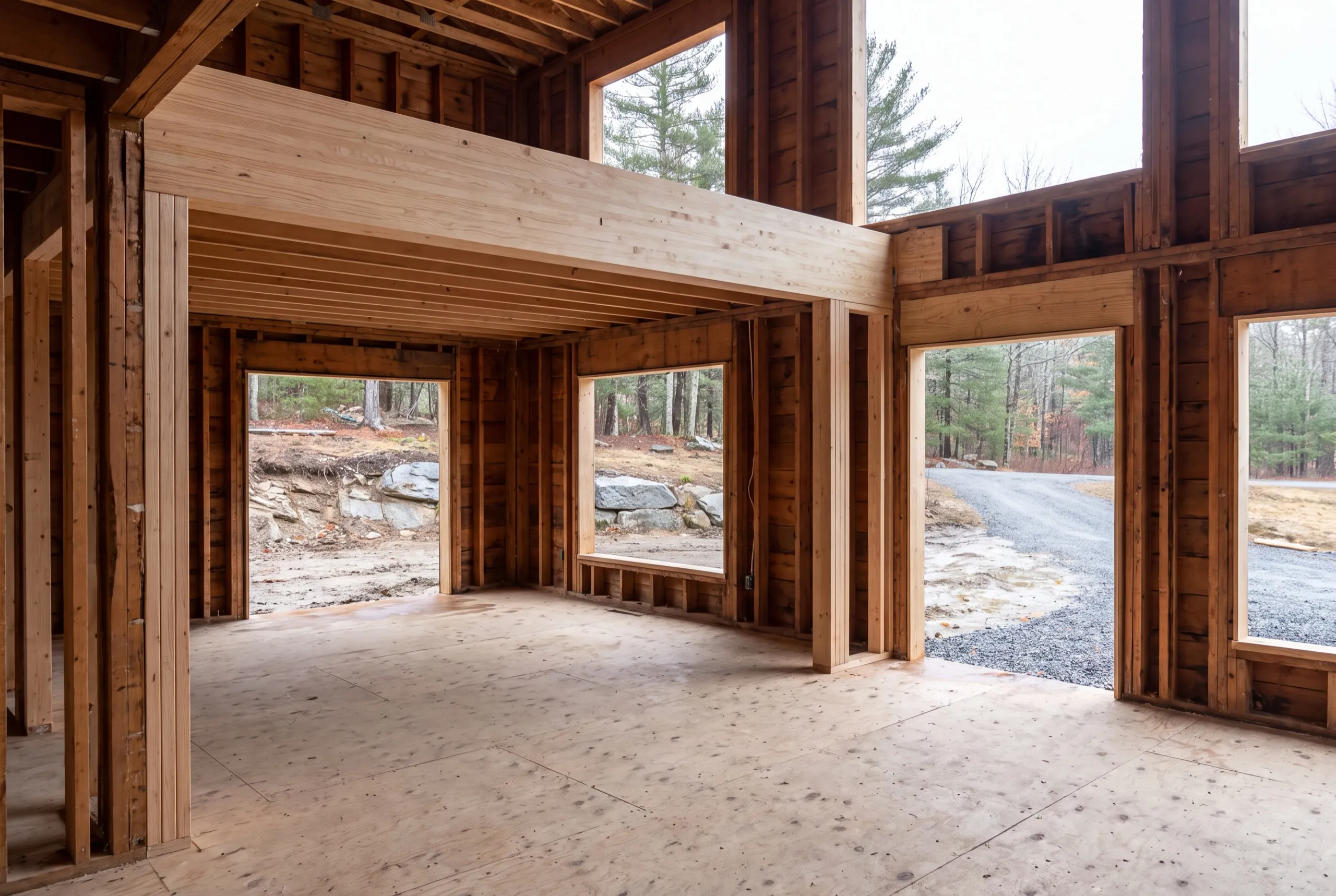 Construction company Central Maine: engineered beam over an opening inside a framed room with open window holes