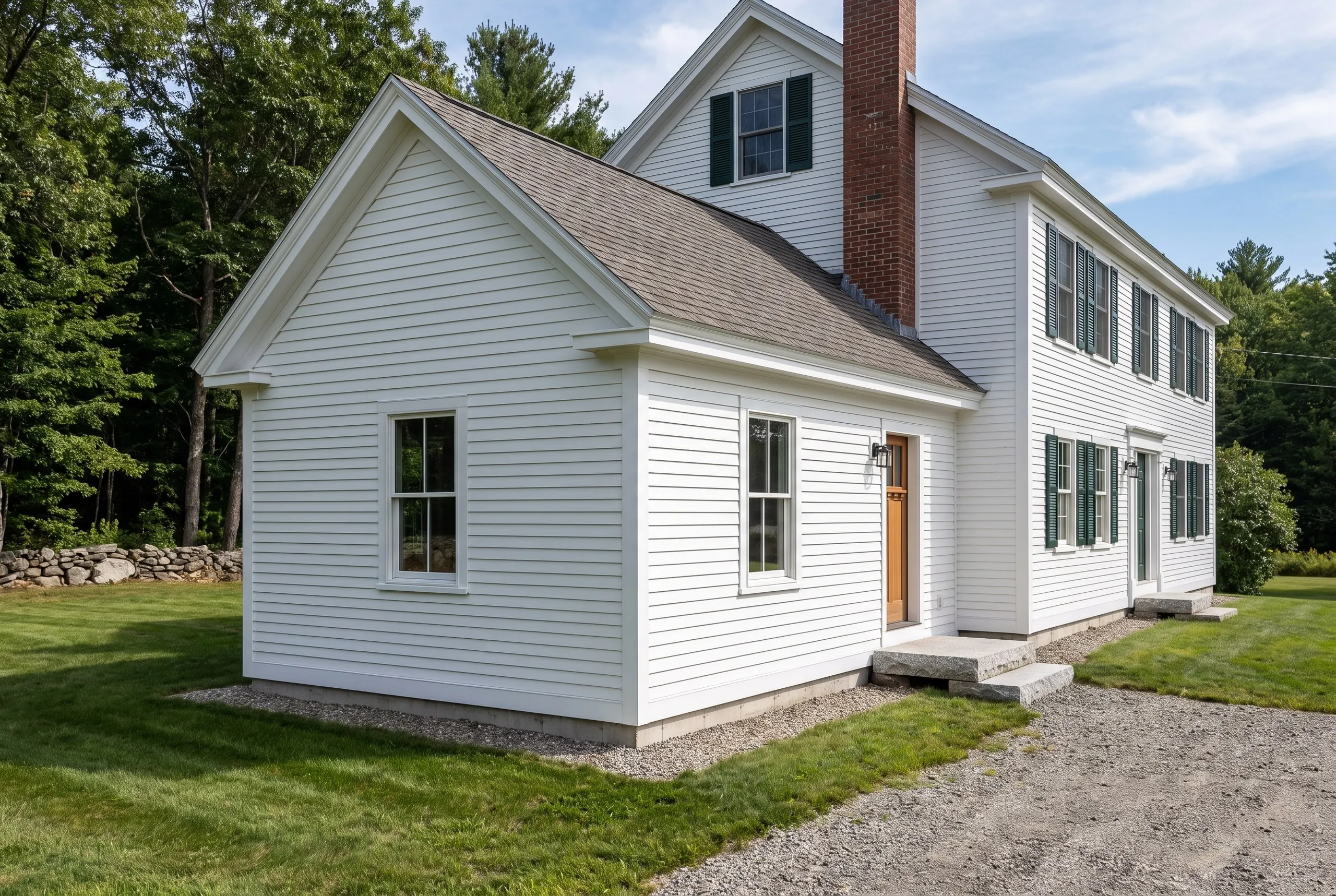 Construction company Vassalboro Maine: new white clapboard addition with a gable roof and wood door joined to a freshly painted white farmhouse