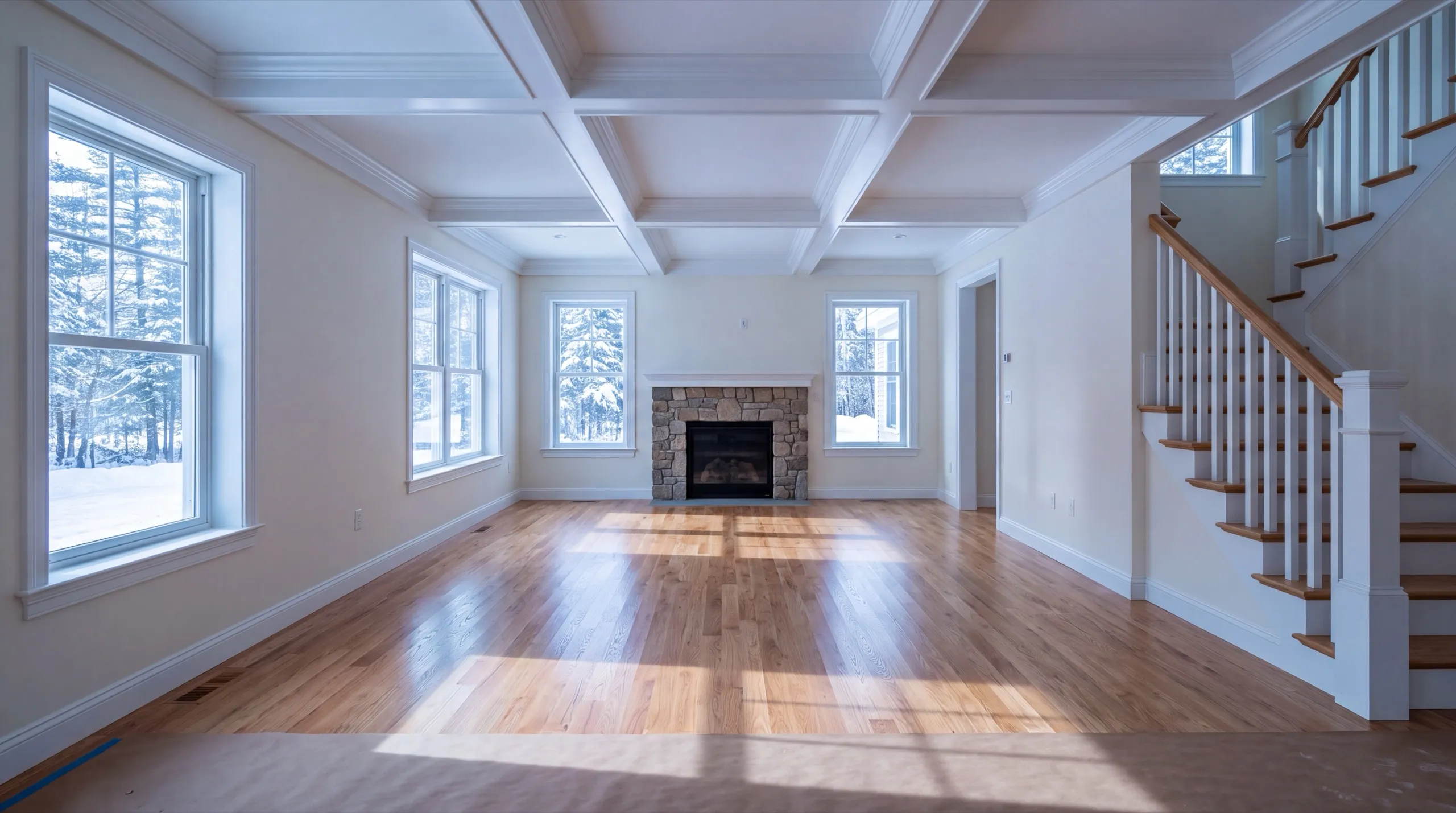 Residential general contractor Vassalboro Maine: empty finished living room with a coffered ceiling, fireplace and stairs