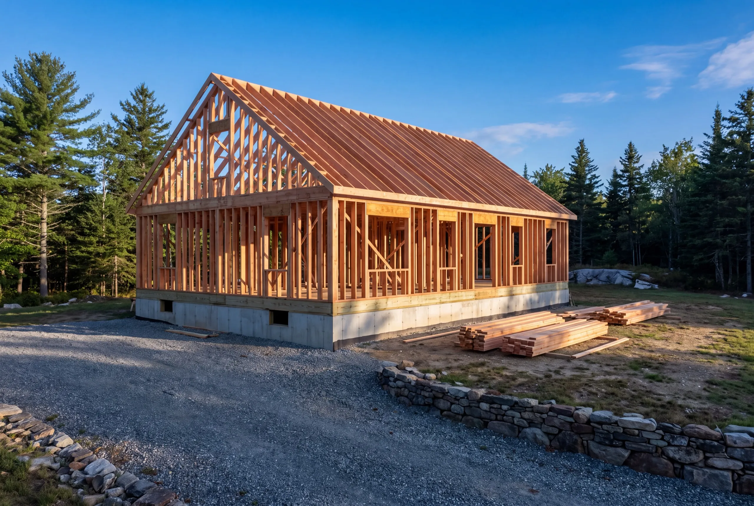Construction company Vassalboro Maine: new one-story house frame with open stud walls and rafters set