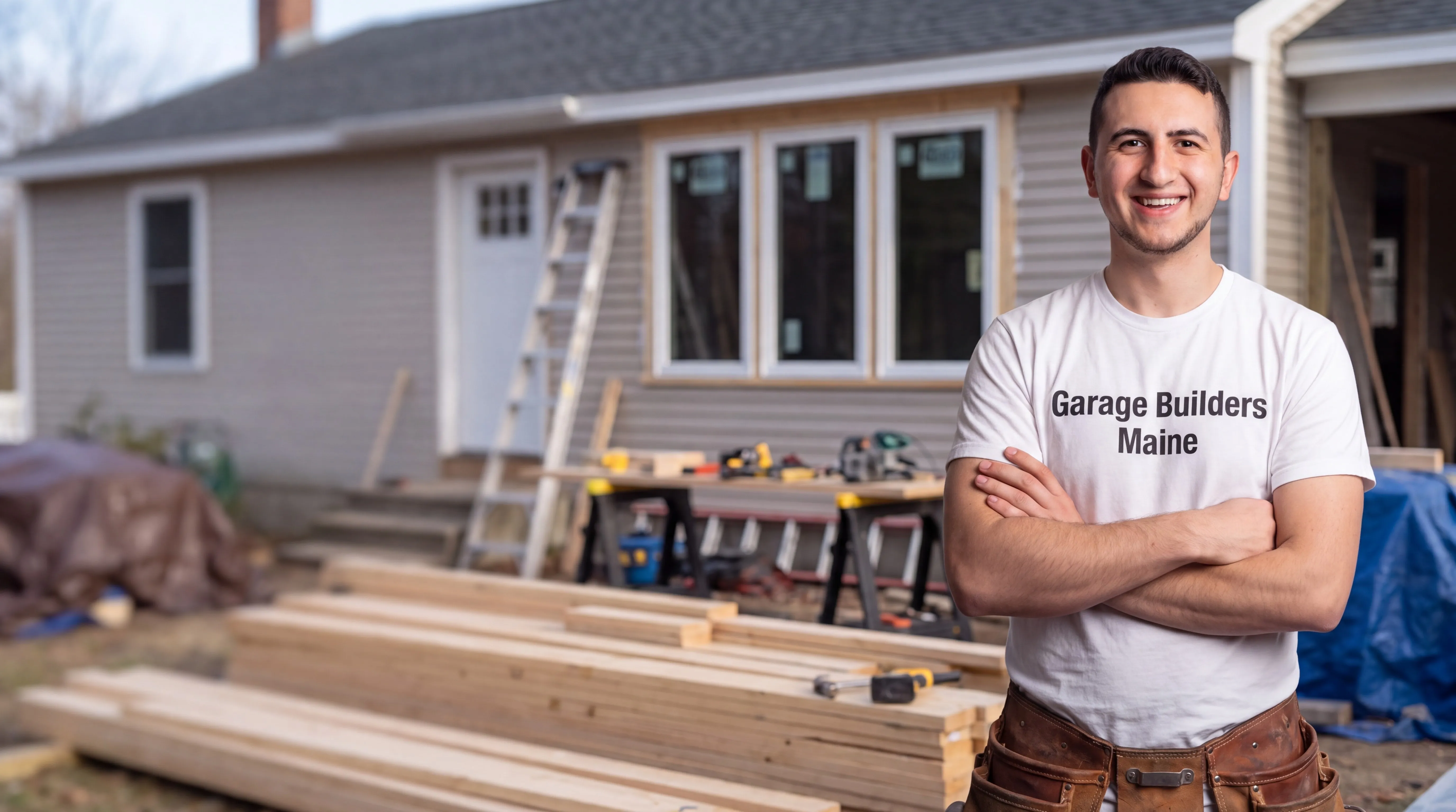 Owner of Garage Builders Maine standing with his arms crossed and smiling at a Maine job site