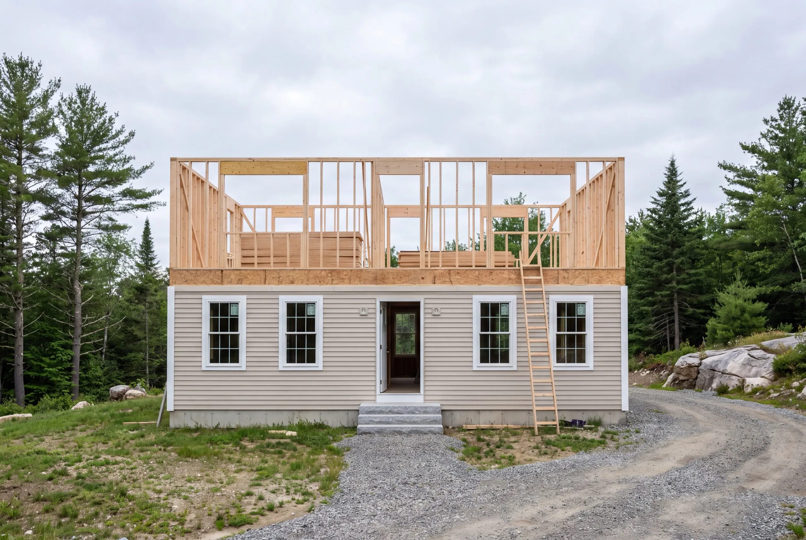 General contractor West Gardiner Maine: second-story walls framed over a tan sided house with a ladder against it