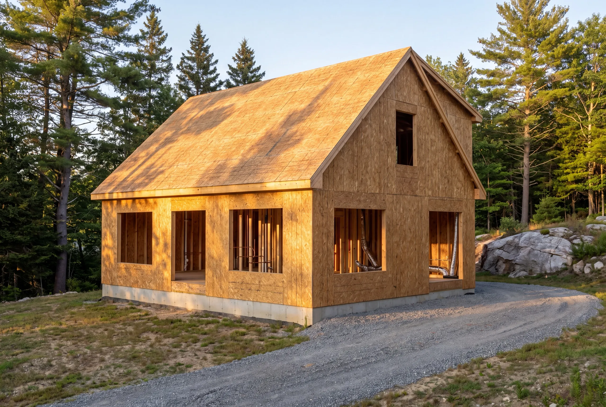 Residential general contractor West Gardiner Maine: new sheathed story-and-a-half house shell with open window holes