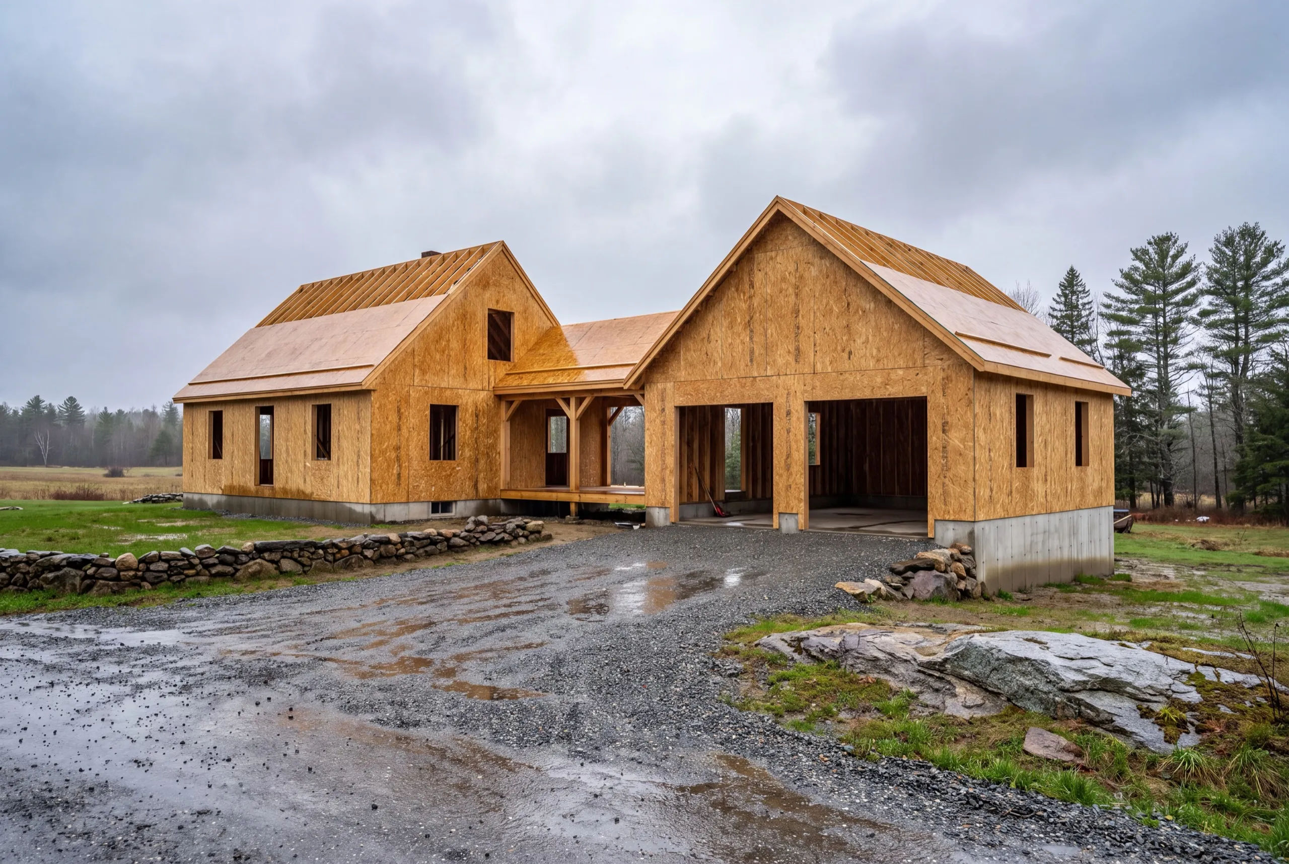 Residential general contractor Whitefield Maine: sheathed house and garage wing joined by an open framed breezeway