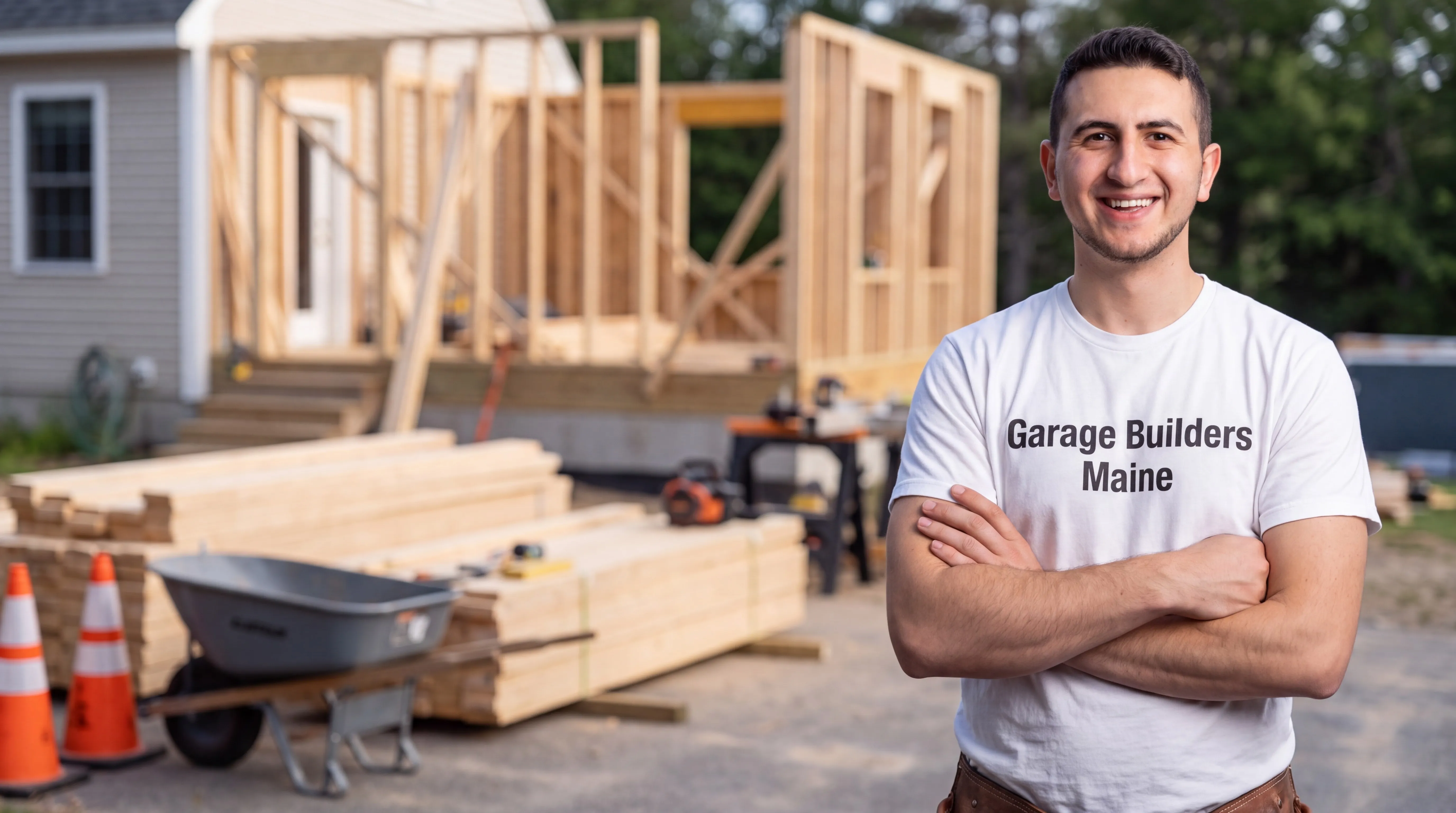 General contractor Whitefield Maine: owner with arms crossed in front of a framed addition and stacked lumber