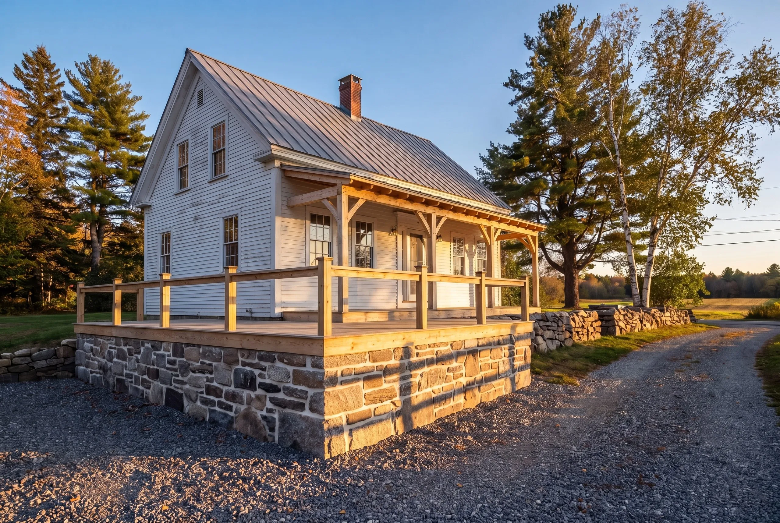 General contractor Whitefield Maine: white farmhouse with a new timber porch roof and railed wood deck on a mortared stone base