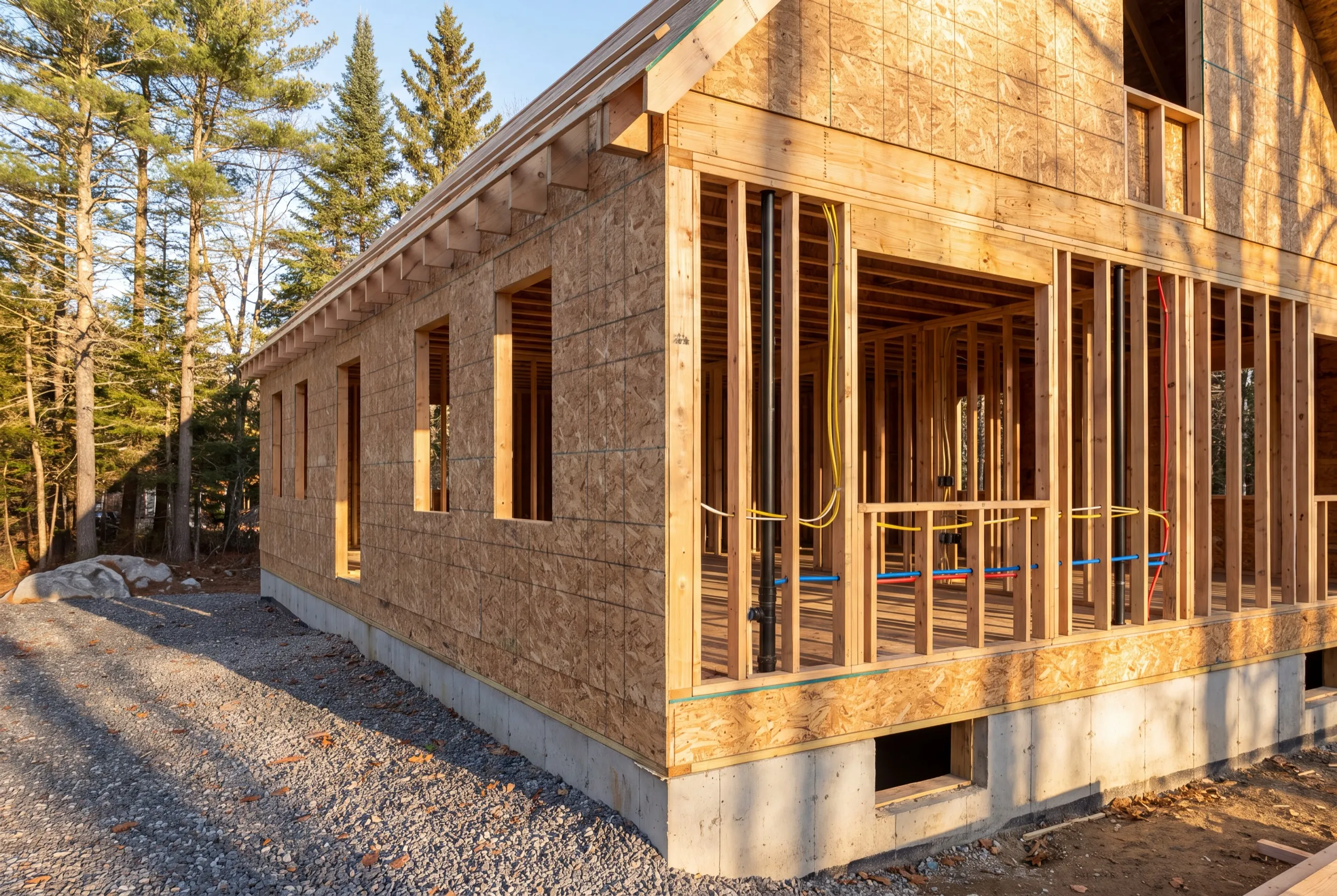 Residential general contractor Central Maine: new house framed and sheathed, open stud walls showing wiring and drain pipes