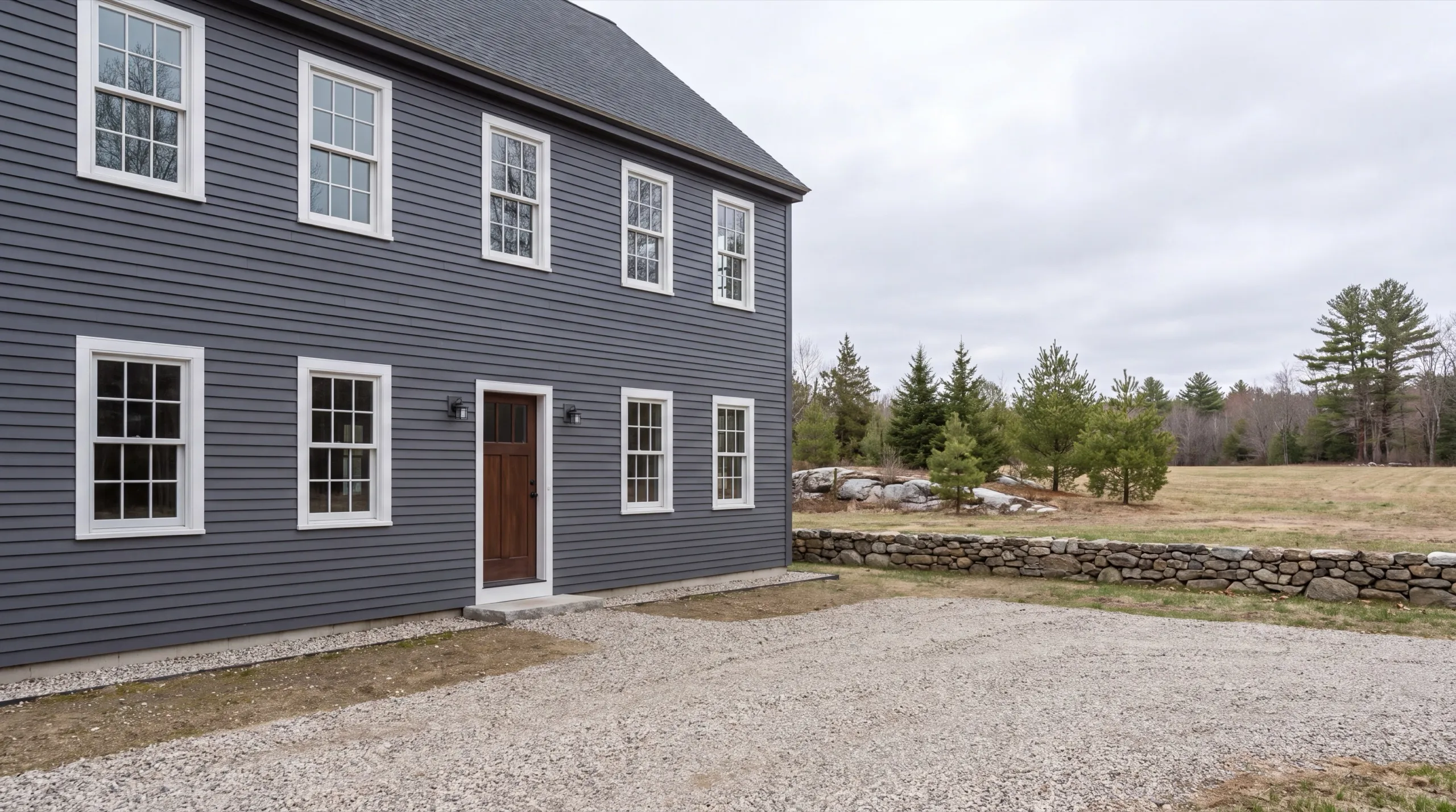 General contractor in Windsor, ME: finished gray two-story colonial with white trim on a gravel drive