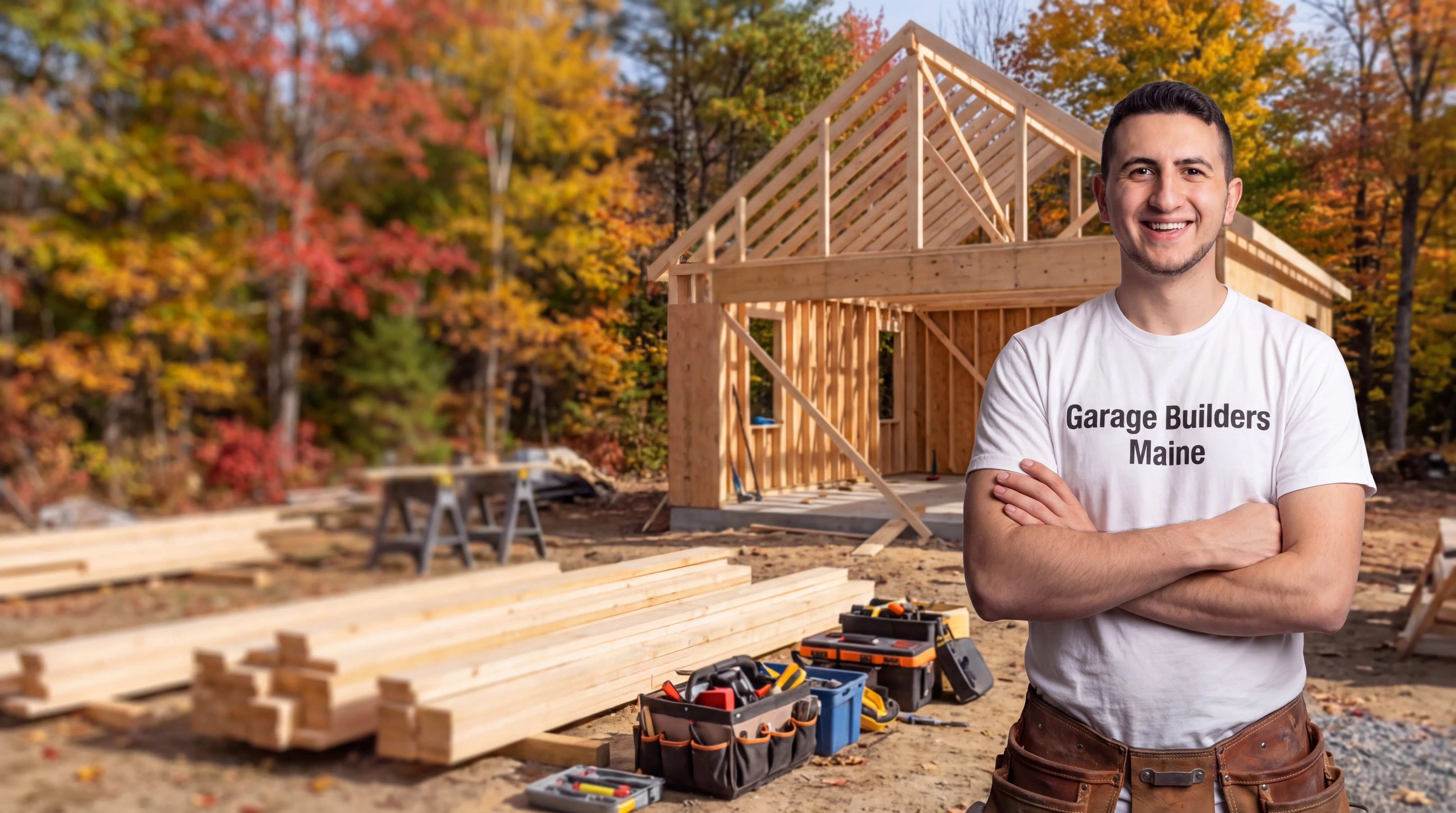 General contractor Windsor Maine: owner with arms crossed in front of a framed building and stacked lumber