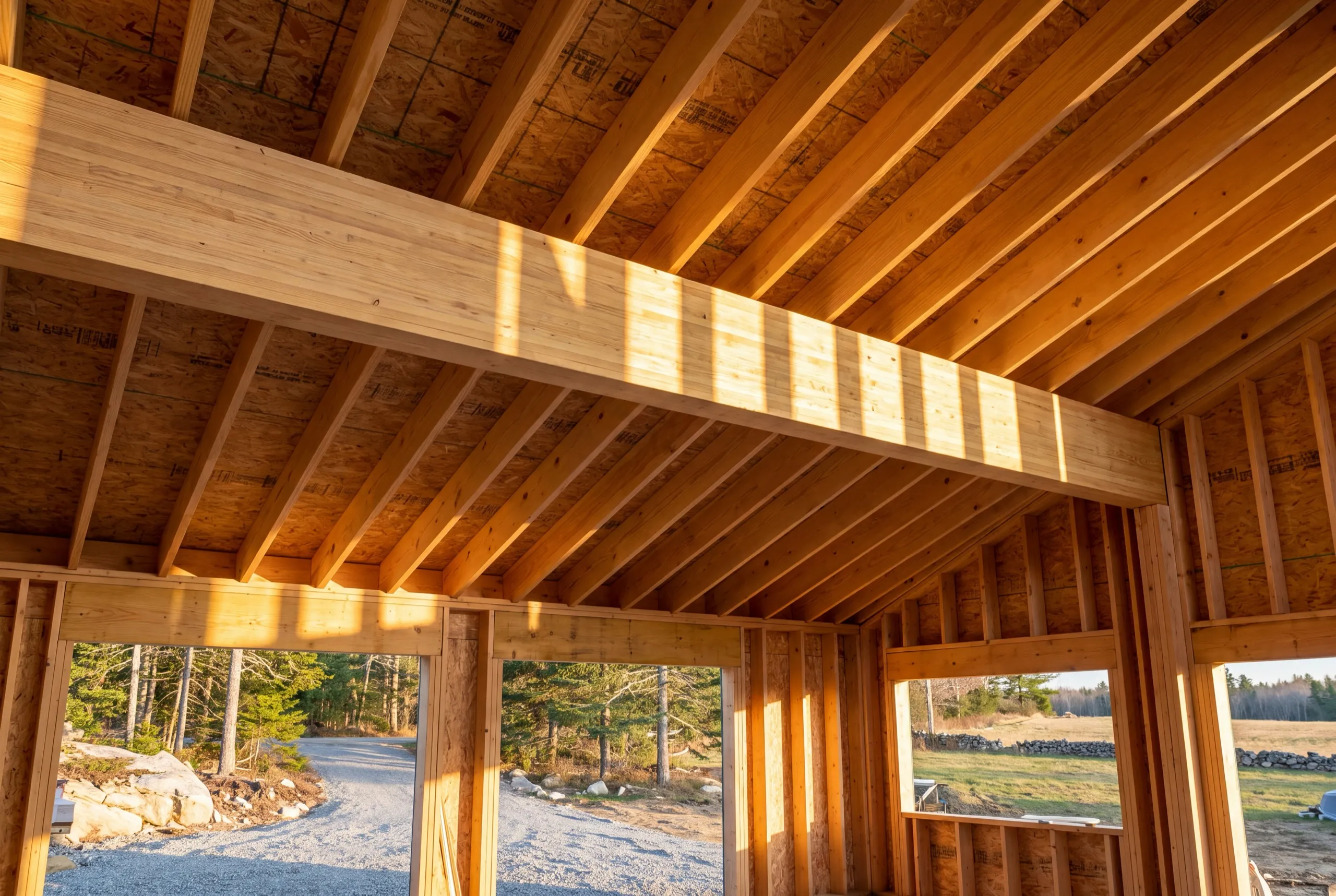 General contractor Windsor Maine: long engineered beam under rafters in a framed room with open walls