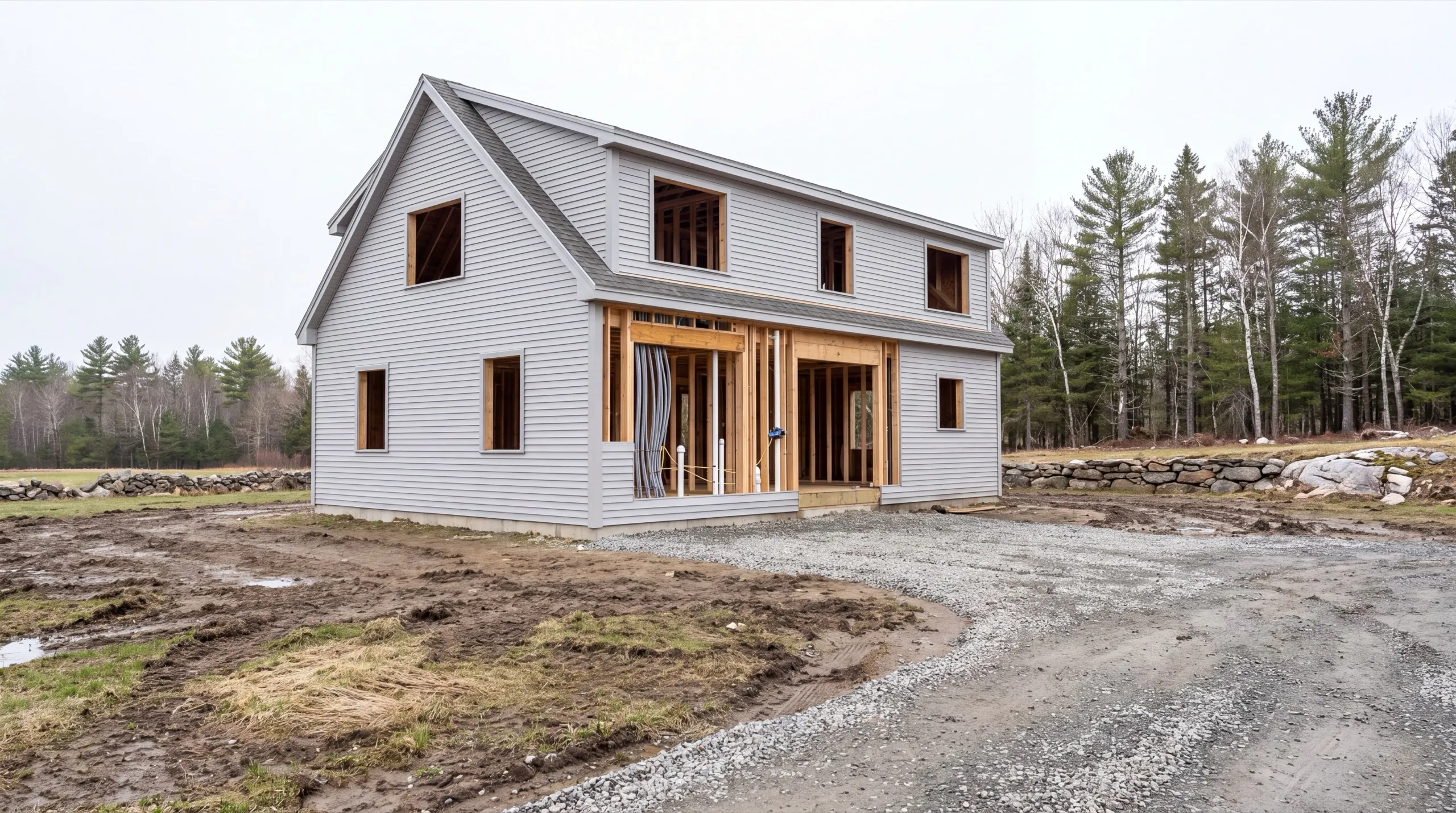 General contractor Windsor Maine: sided house with open window holes and a framed front wall with plumbing