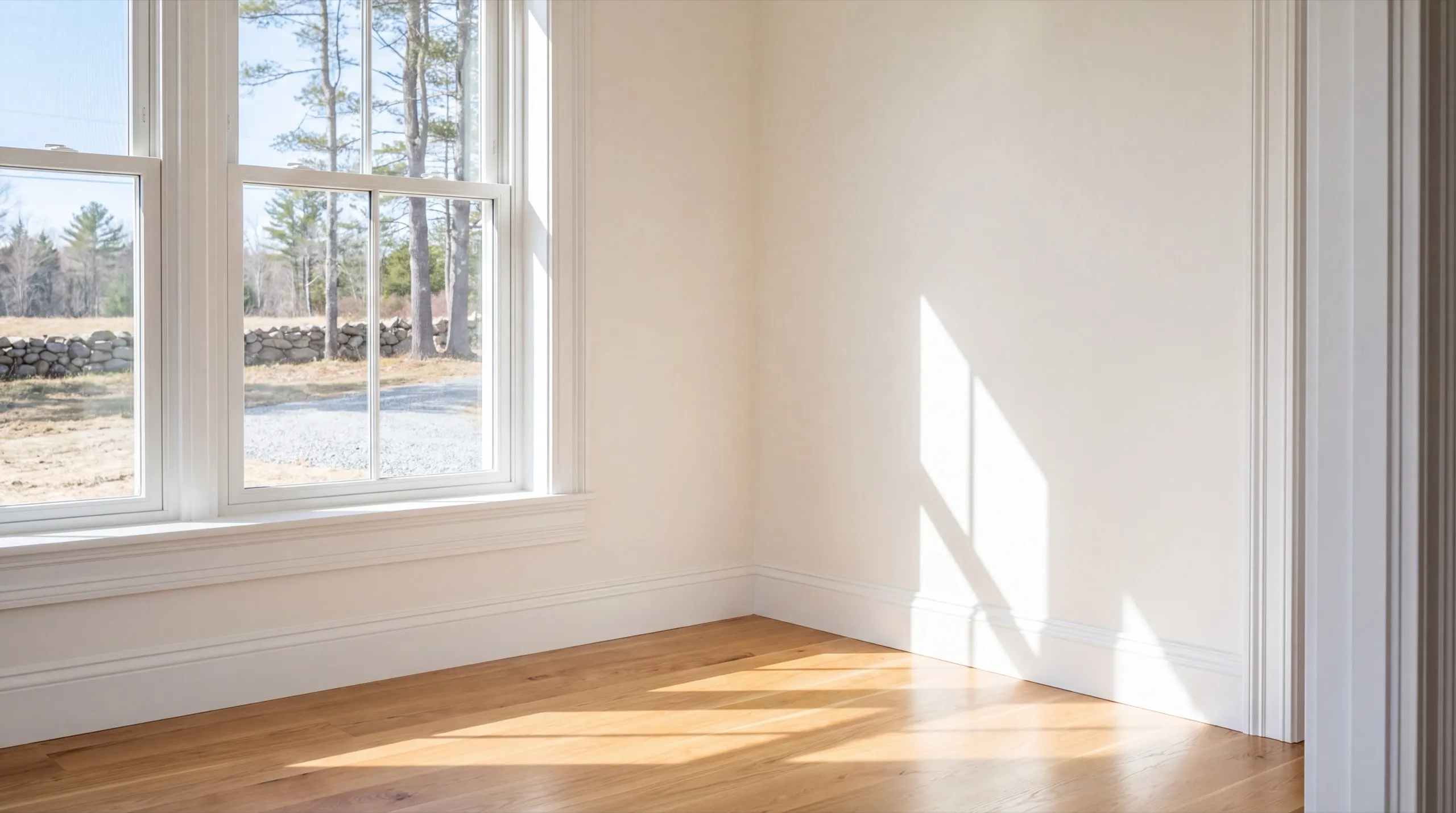 Residential general contractor Windsor Maine: corner of an empty finished room with oak floors and a tall window